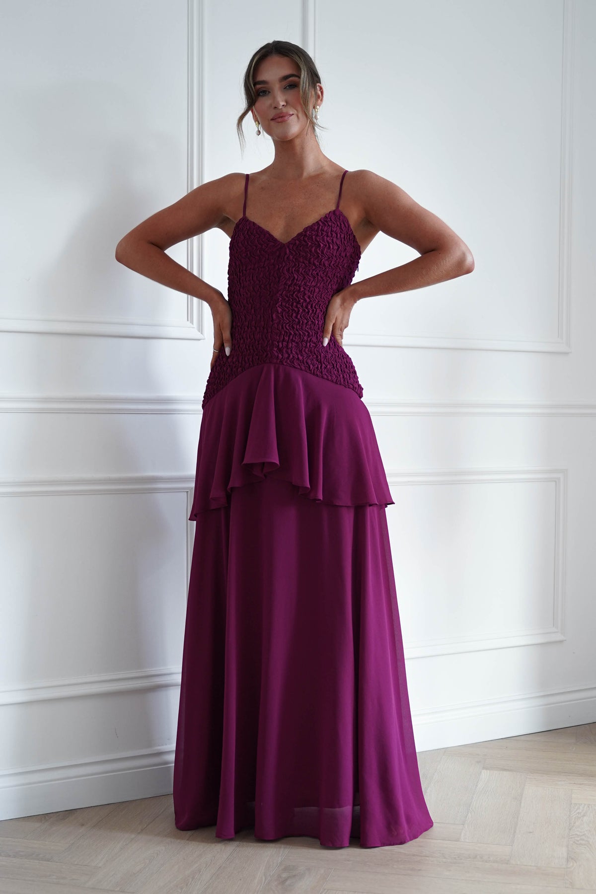 Oh Hello Clothing Women > Clothing > Dresses * MANIJU | MF23329 | Berry Textured Ruffle Maxi Dress