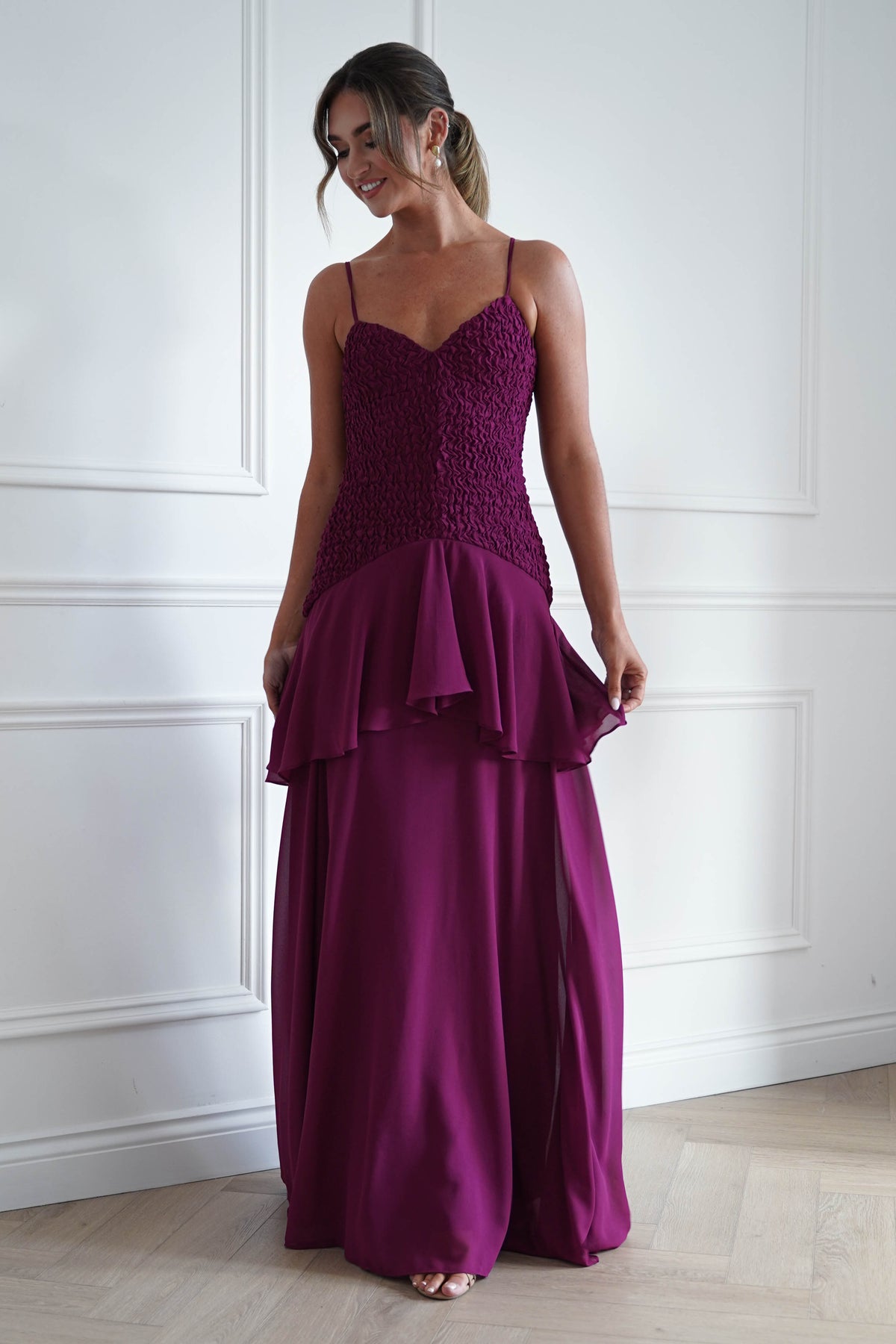 Oh Hello Clothing Women > Clothing > Dresses * MANIJU | MF23329 | Berry Textured Ruffle Maxi Dress