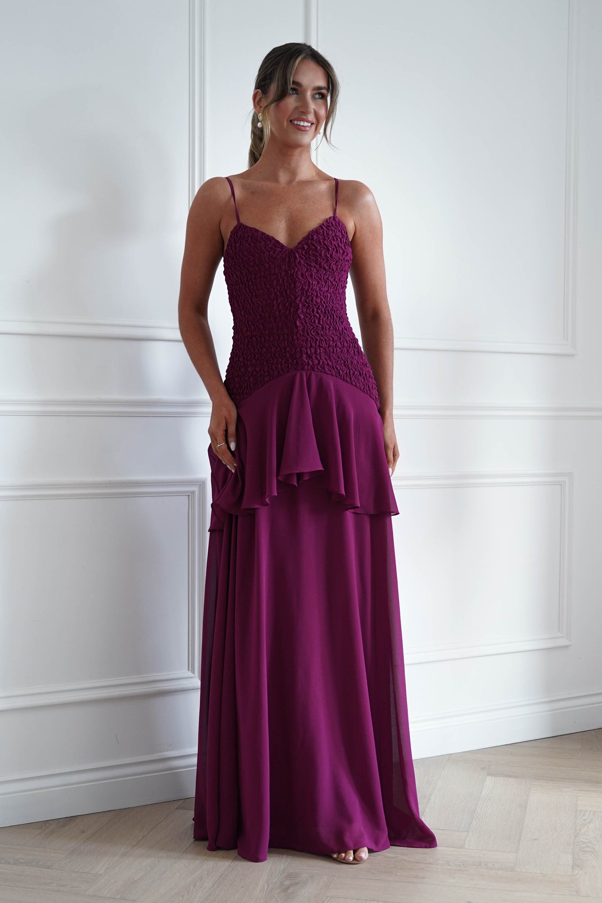 Oh Hello Clothing Women > Clothing > Dresses * MANIJU | MF23329 | Berry Textured Ruffle Maxi Dress