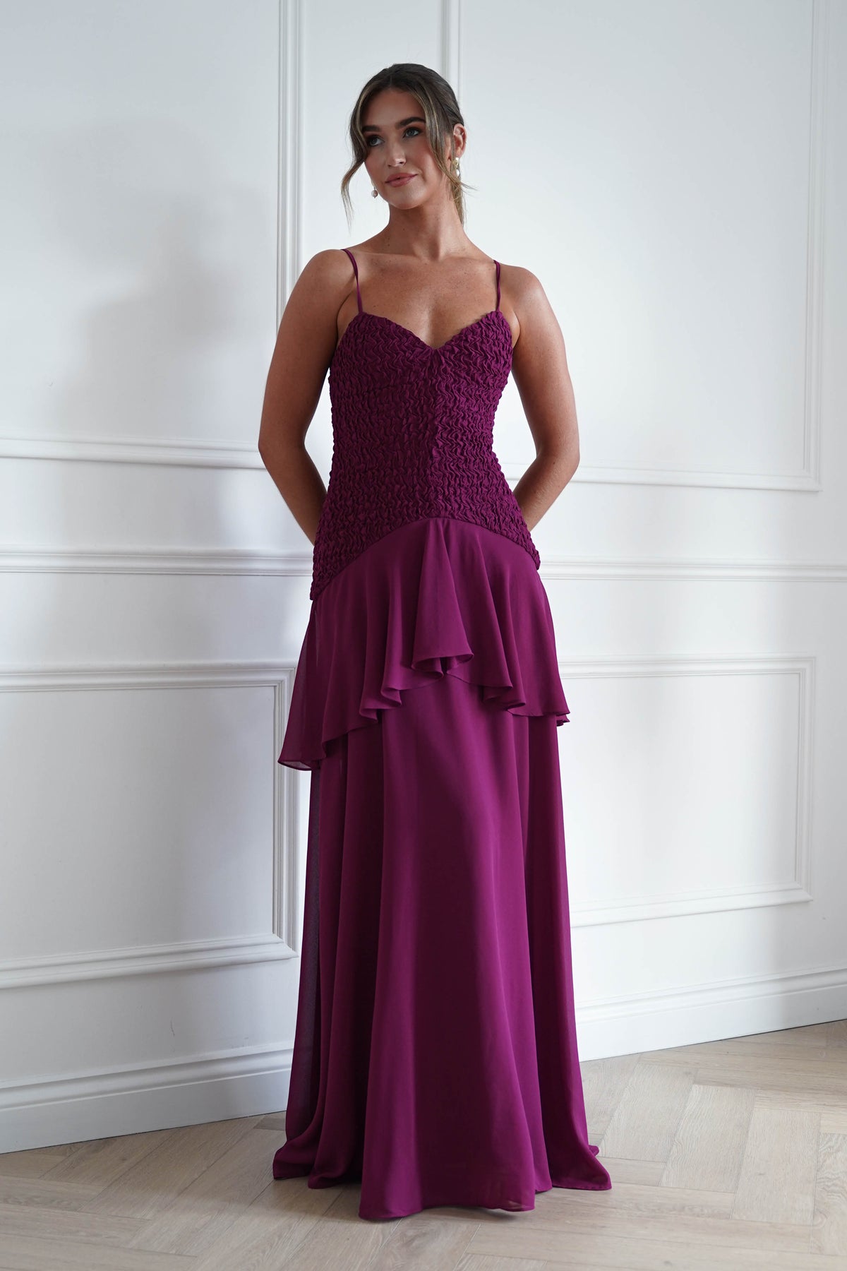 Oh Hello Clothing Women > Clothing > Dresses * MANIJU | MF23329 | Berry Textured Ruffle Maxi Dress