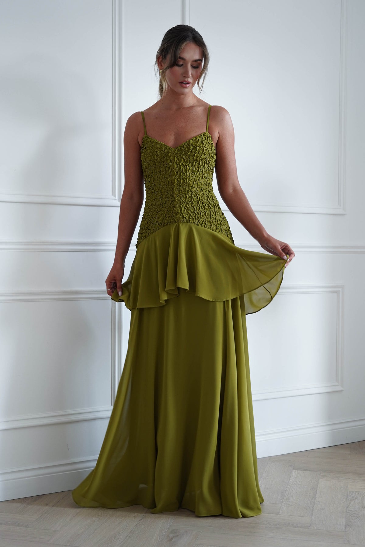 Oh Hello Clothing Women > Clothing > Dresses * MANIJU | MF23329 | Chartreuse Textured Ruffle Maxi Dress