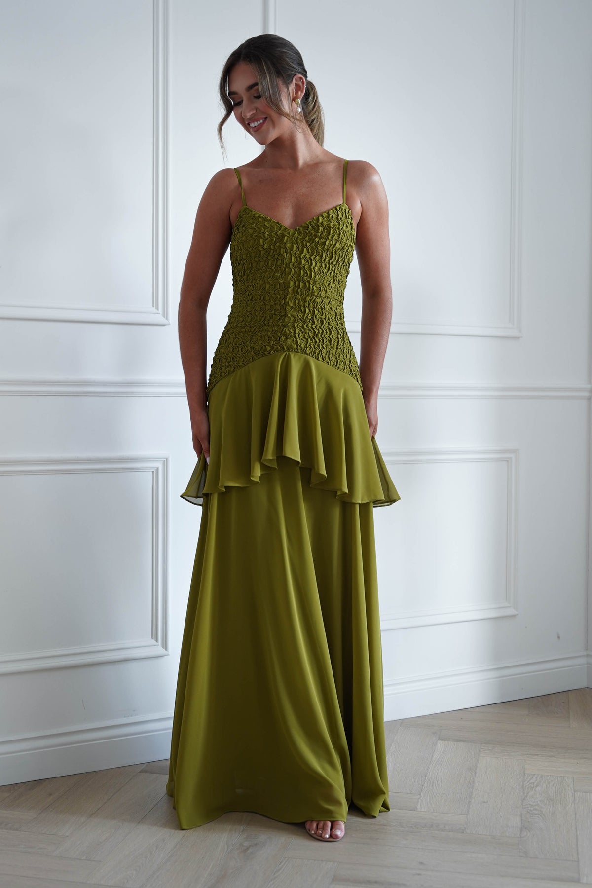 Oh Hello Clothing Women > Clothing > Dresses * MANIJU | MF23329 | Chartreuse Textured Ruffle Maxi Dress