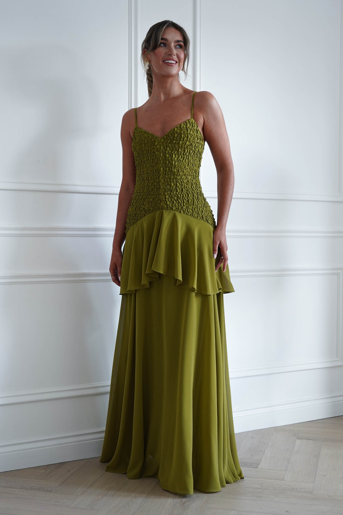 Oh Hello Clothing Women > Clothing > Dresses * MANIJU | MF23329 | Chartreuse Textured Ruffle Maxi Dress