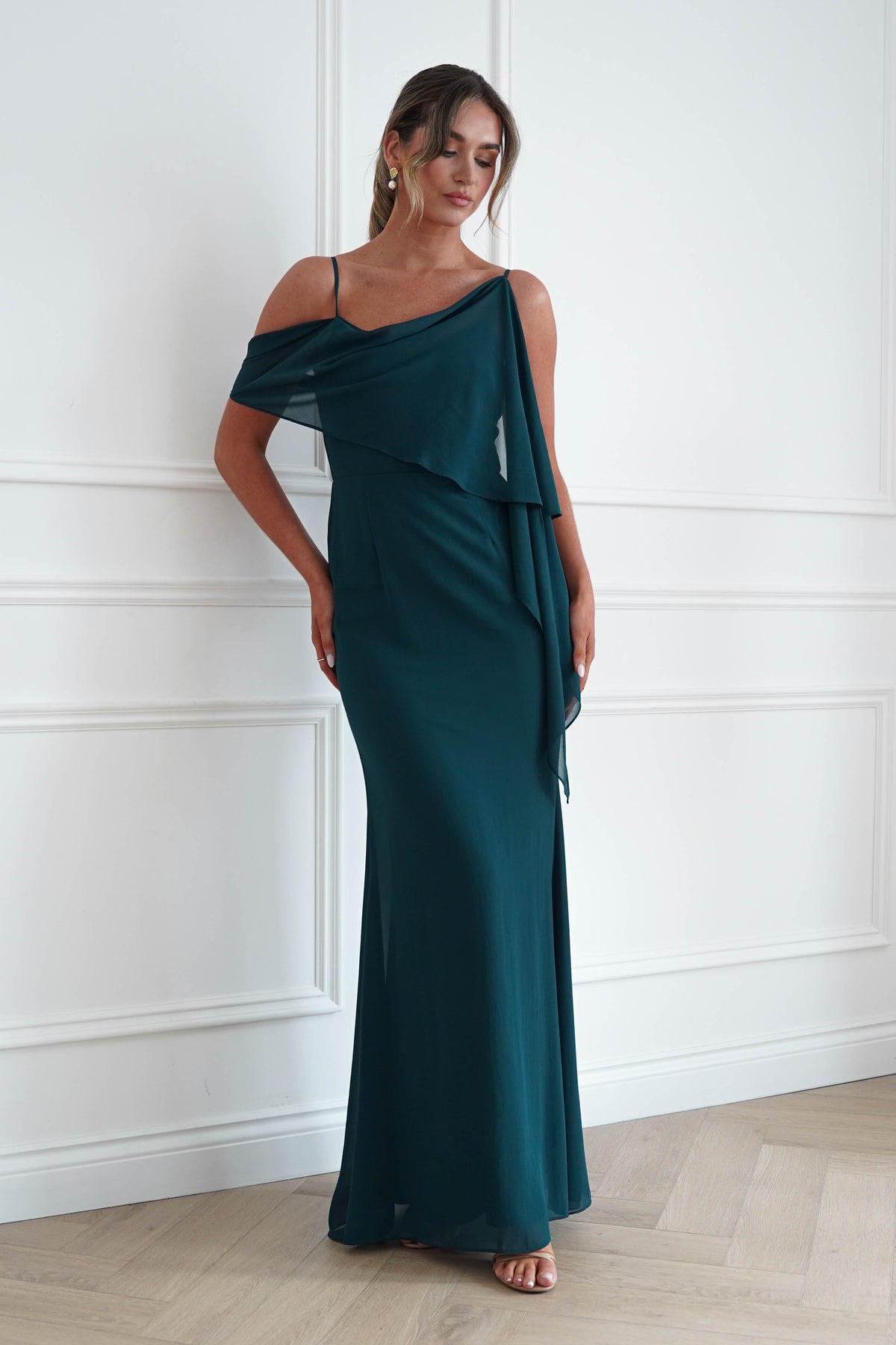 Oh Hello Clothing Women > Clothing > Dresses * MANIJU | MF23378 | Teal One Shoulder Chiffon Maxi Dress