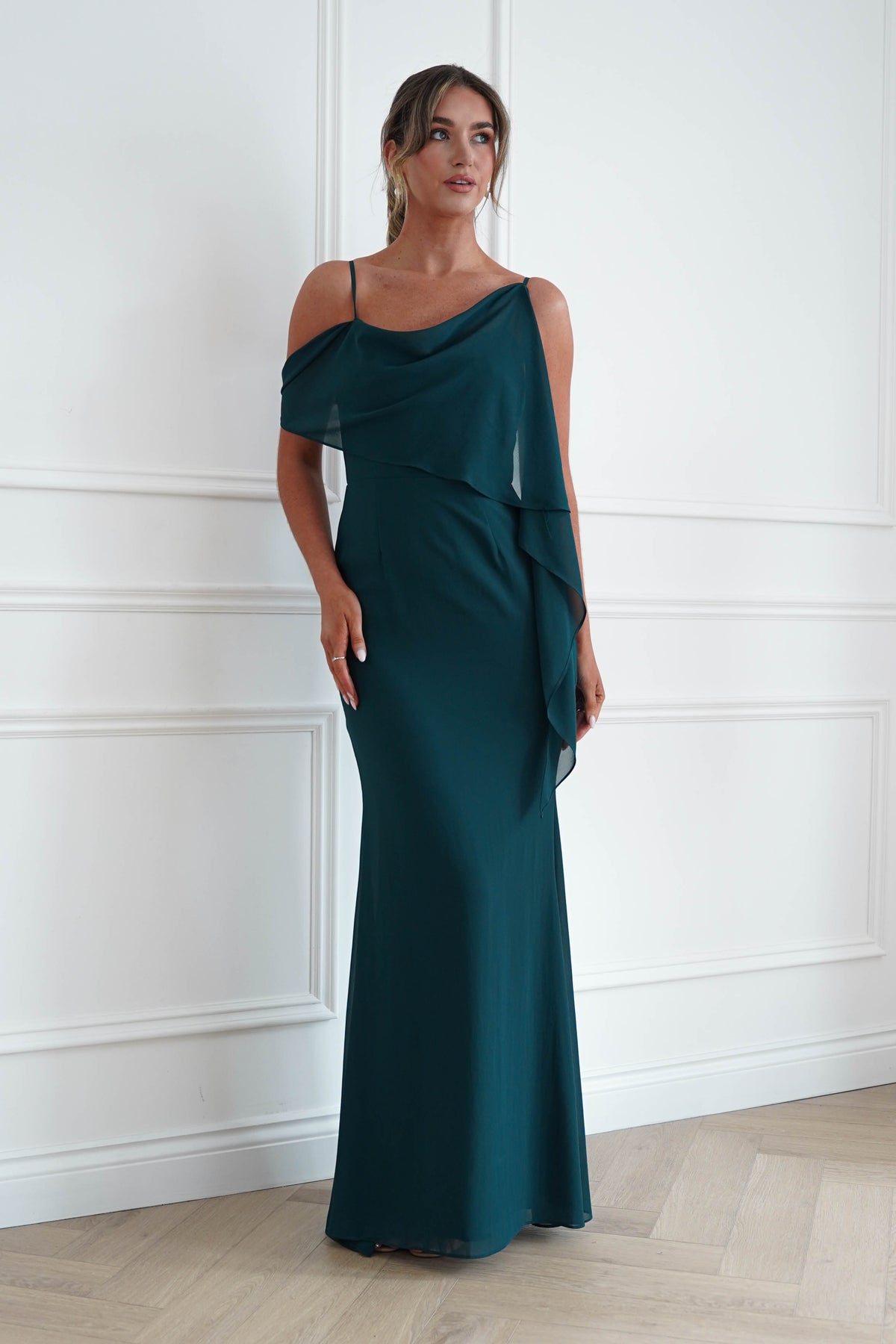 Oh Hello Clothing Women > Clothing > Dresses * MANIJU | MF23378 | Teal One Shoulder Chiffon Maxi Dress