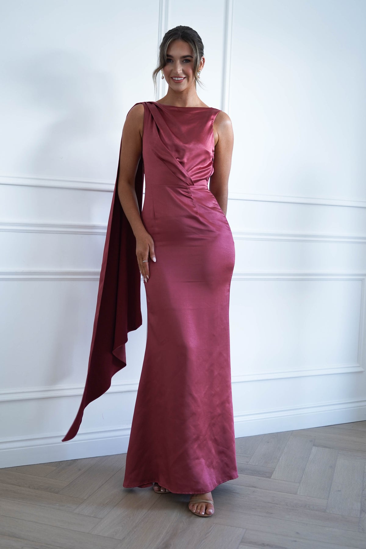 Oh Hello Clothing Women > Clothing > Dresses * MANIJU | MF25178 | MARSALA Satin Drape Maxi Dress