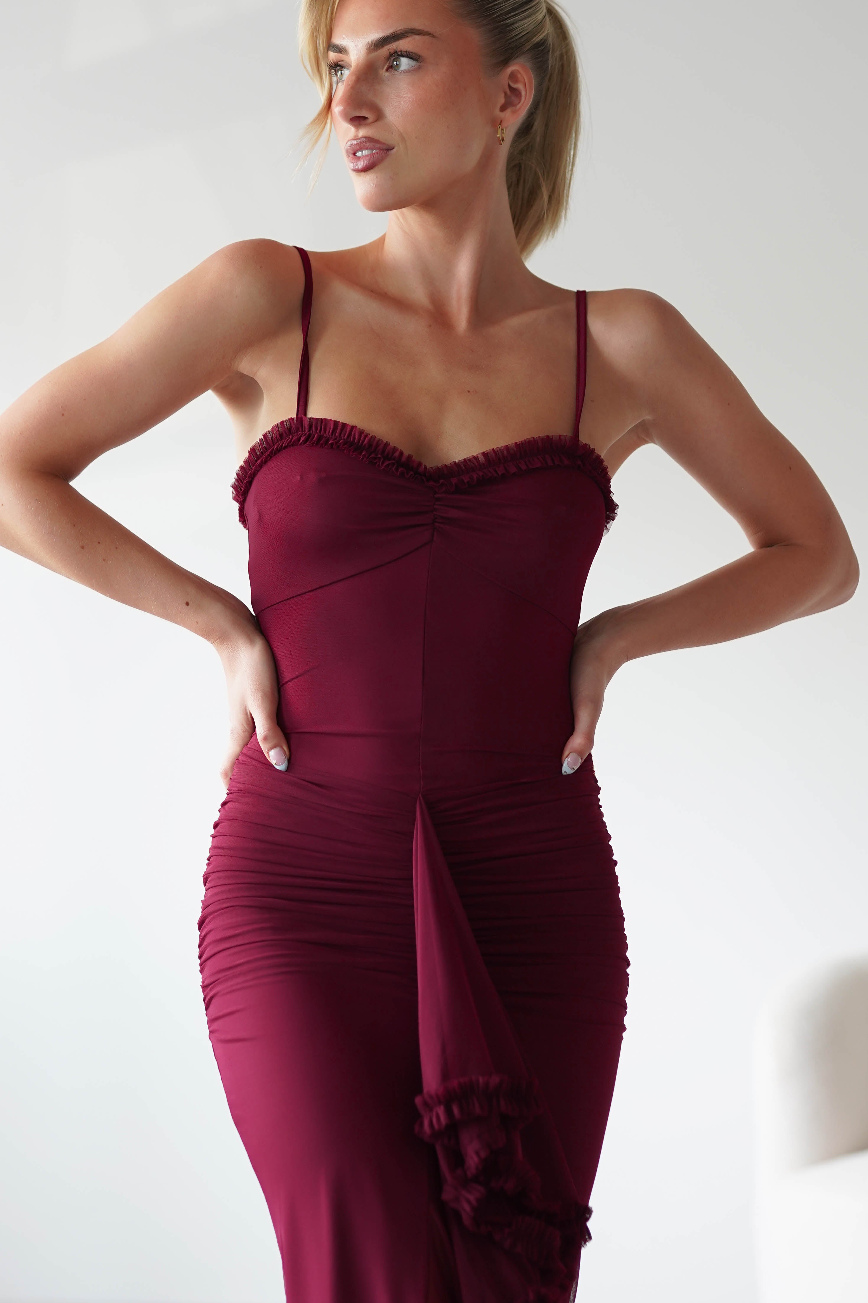 Manuella Mesh Bodycon Midaxi Dress | Burgundy | Oh Hello Clothing | XS (6)