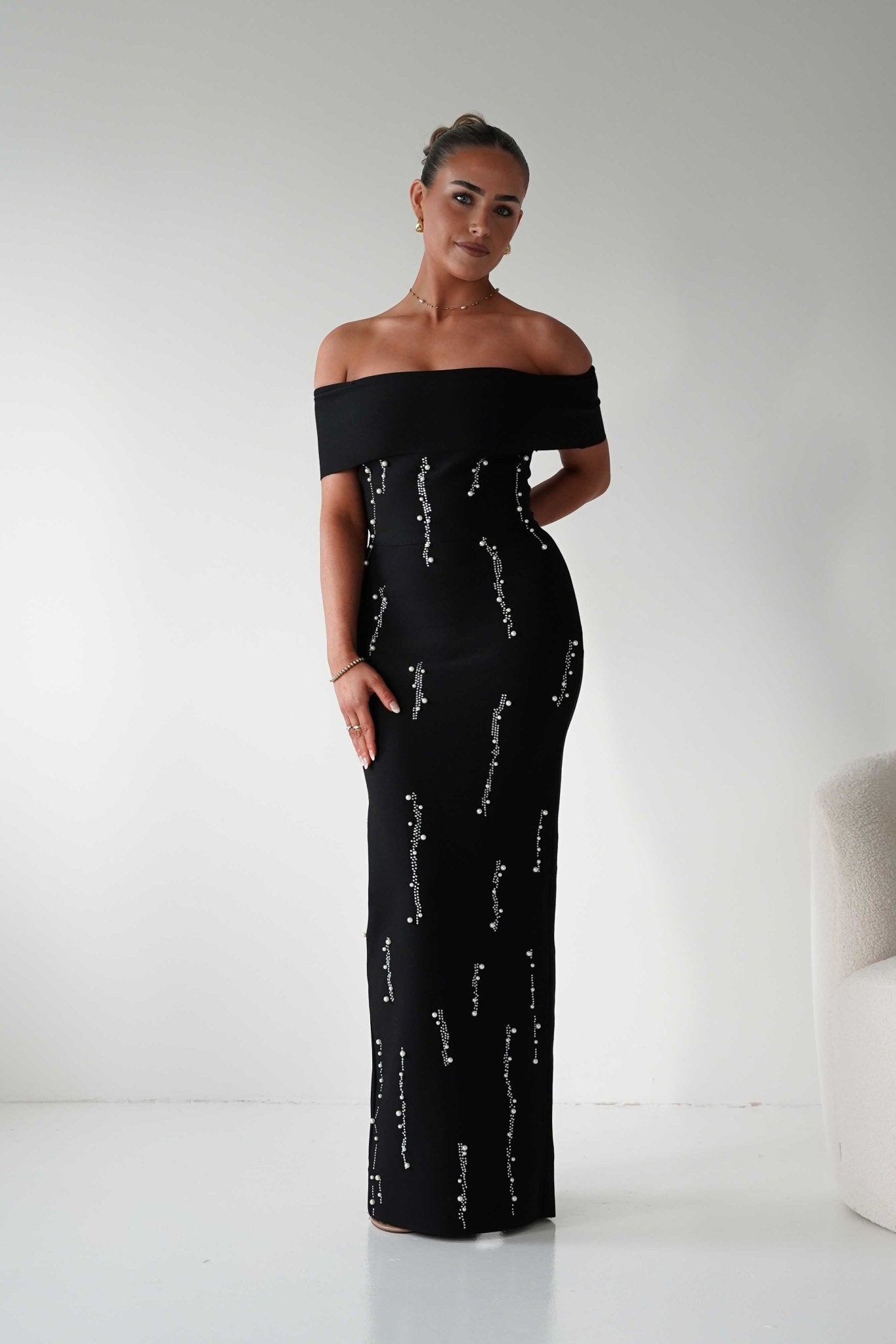 Oh Hello Clothing Dresses 1*DONE - F&P -605581- black off-shoulder midi dress with embellishment only on the front