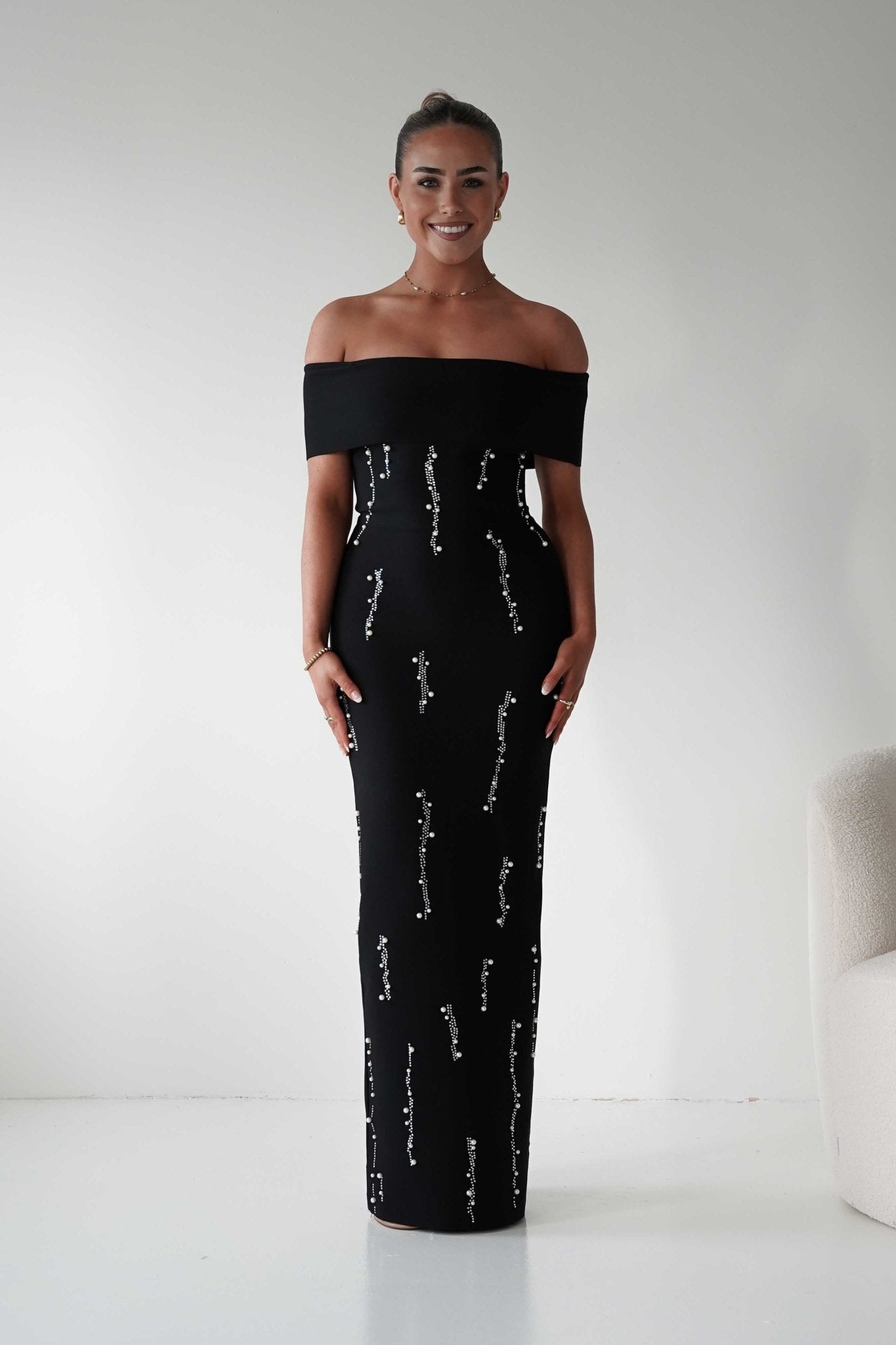 Oh Hello Clothing Dresses 1*DONE - F&P -605581- black off-shoulder midi dress with embellishment only on the front