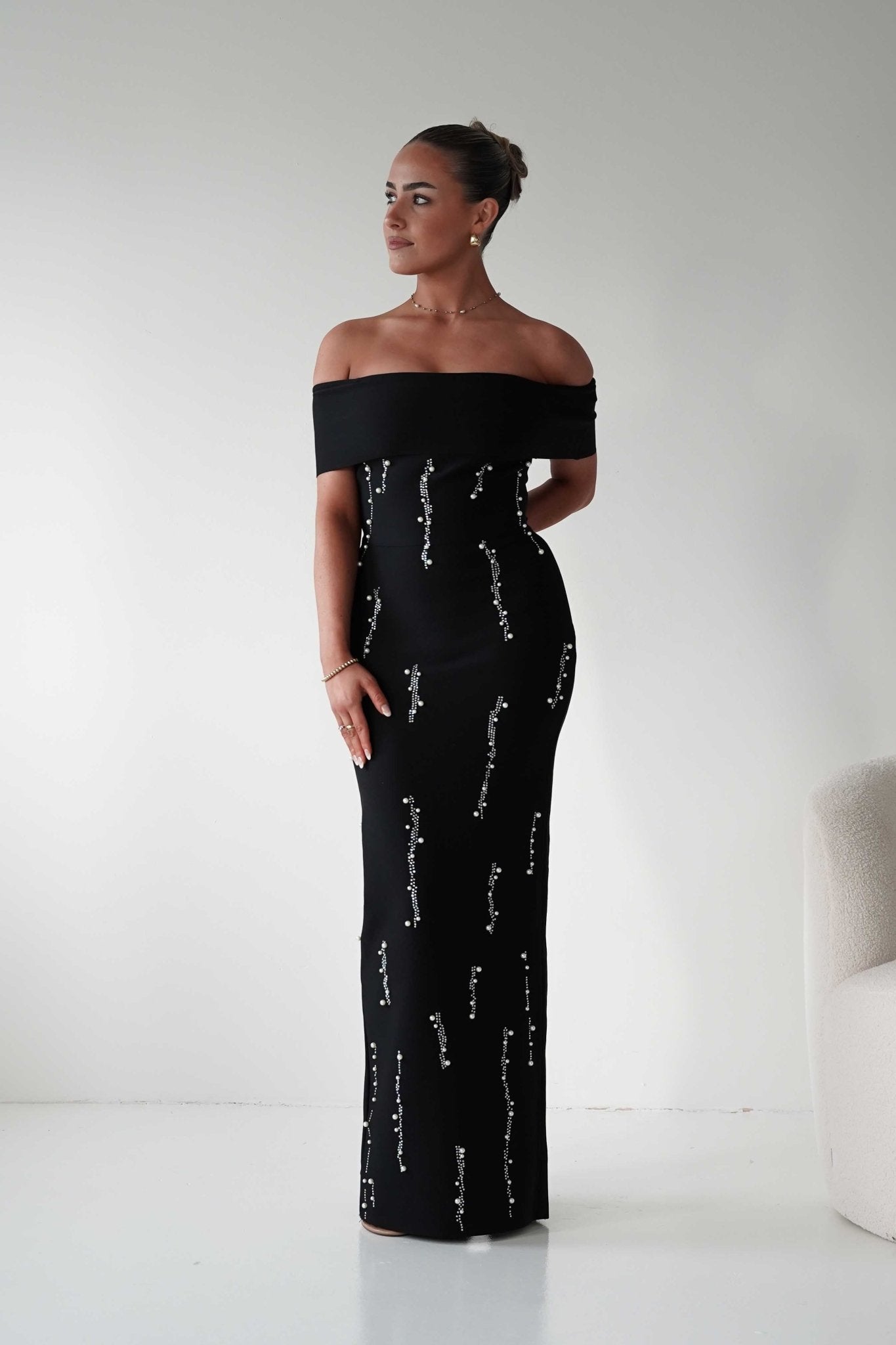 Oh Hello Clothing Dresses 1*DONE - F&P -605581- black off-shoulder midi dress with embellishment only on the front