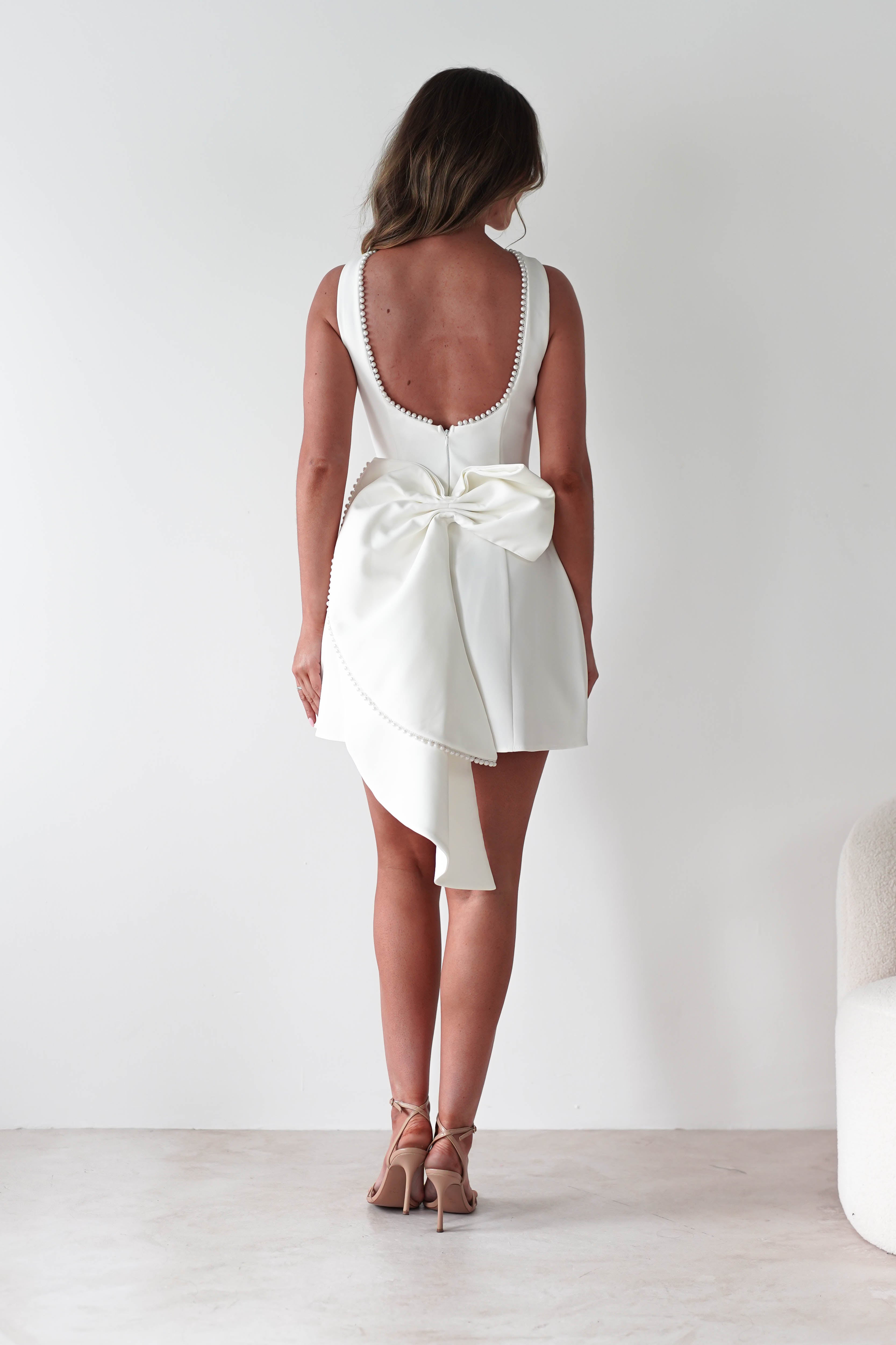 Maria Pearl Bow Detail Mini Dress | White | Oh Hello Clothing | XS (6)