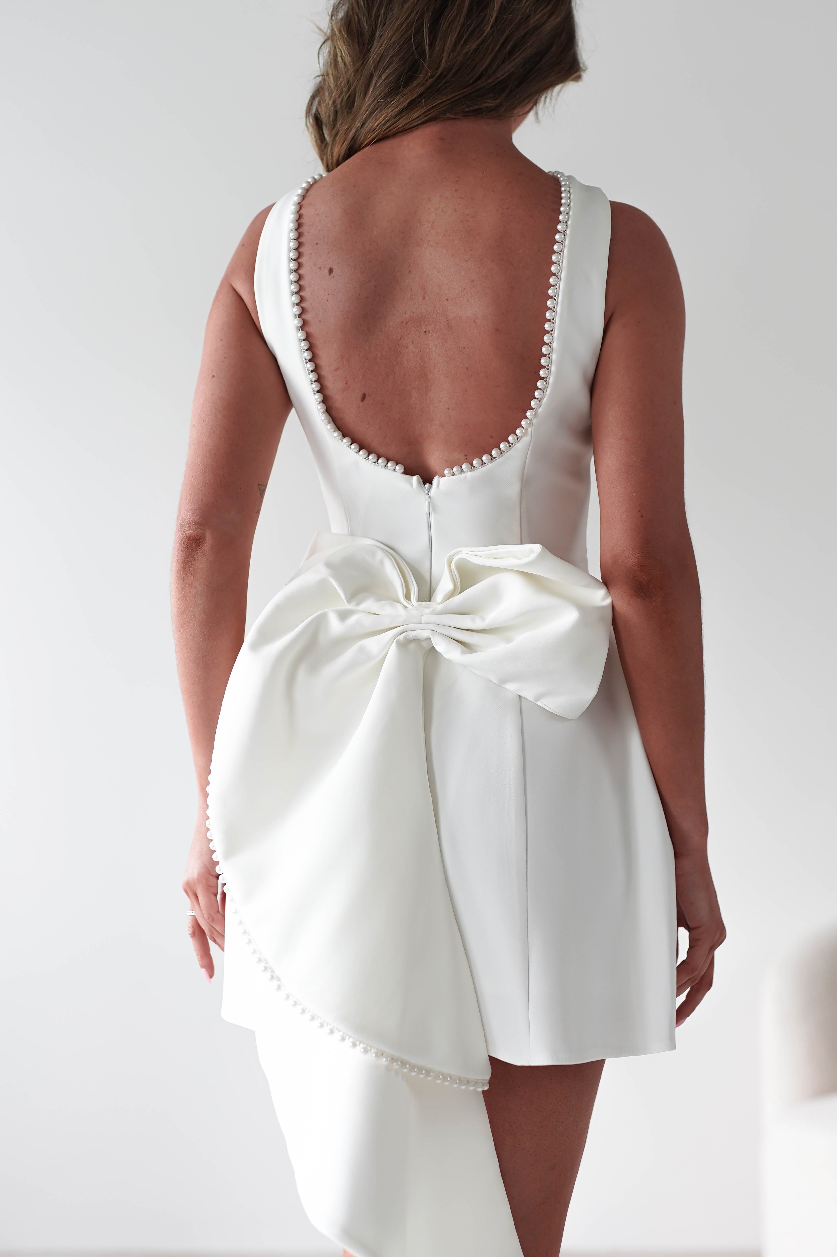 Maria Pearl Bow Detail Mini Dress | White | Oh Hello Clothing | XS (6)