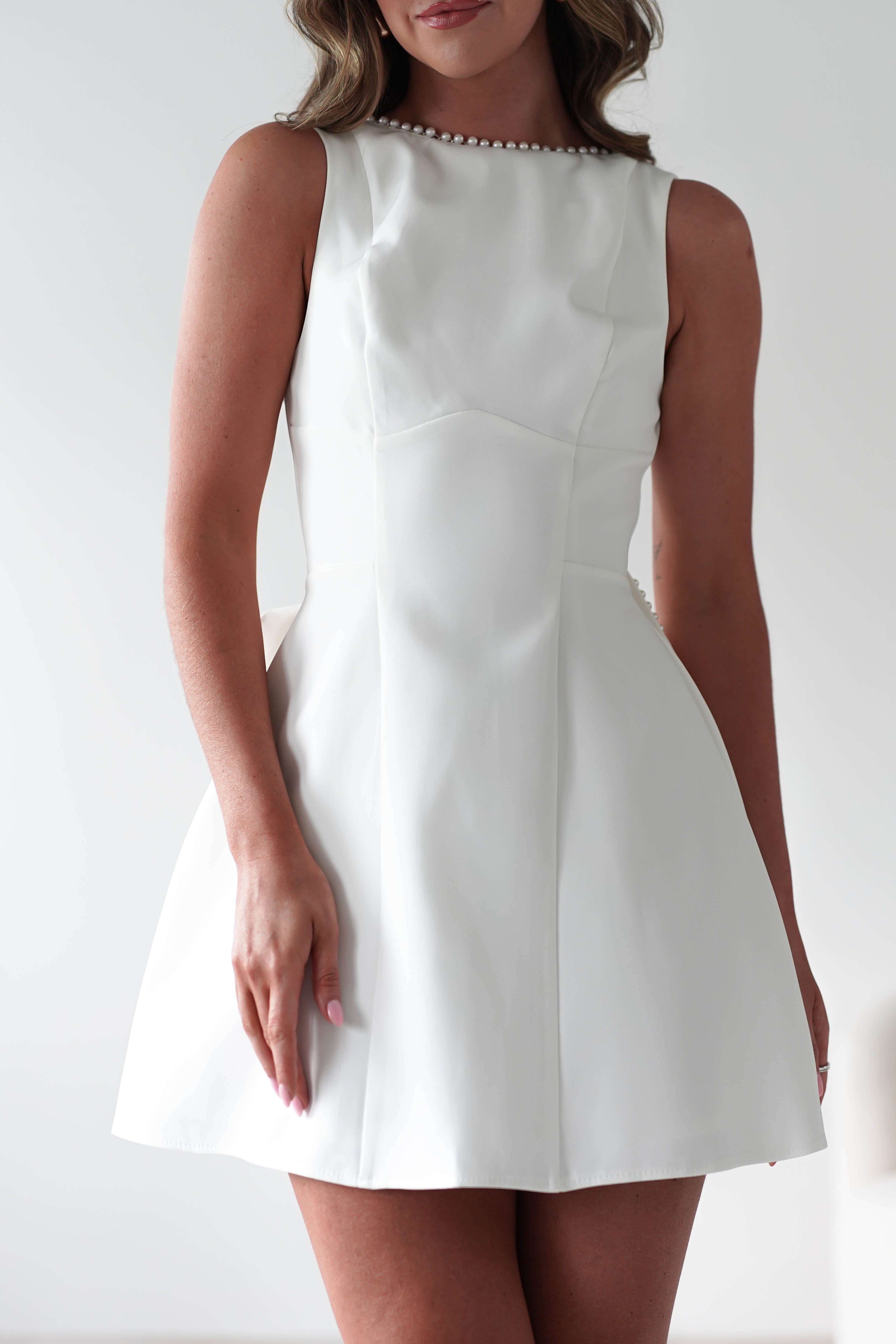 Maria Pearl Bow Detail Mini Dress | White | Oh Hello Clothing | XS (6)