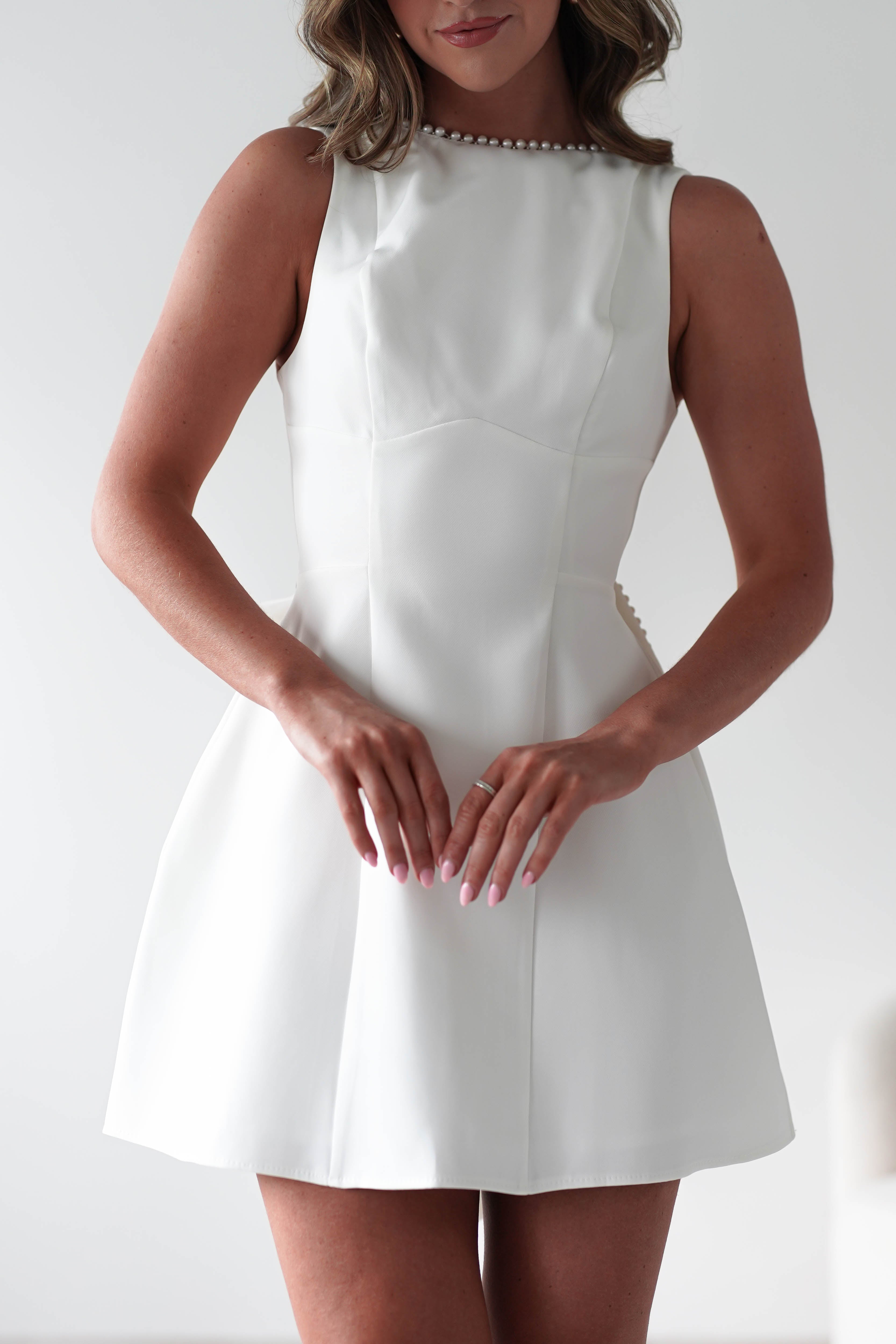 Maria Pearl Bow Detail Mini Dress | White | Oh Hello Clothing | XS (6)