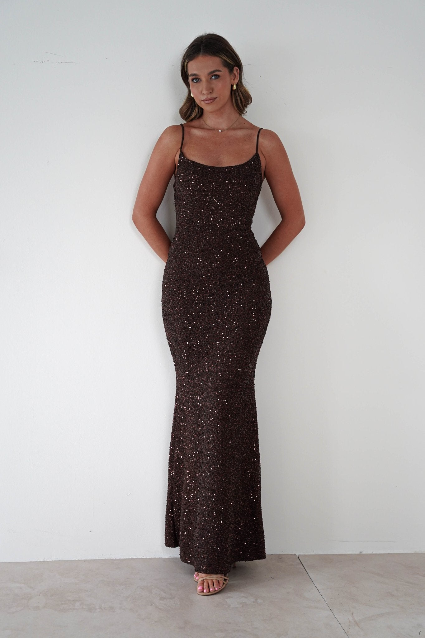 Maria Sequin Bodycon Maxi Gown | Brown | Oh Hello Clothing | S (8)