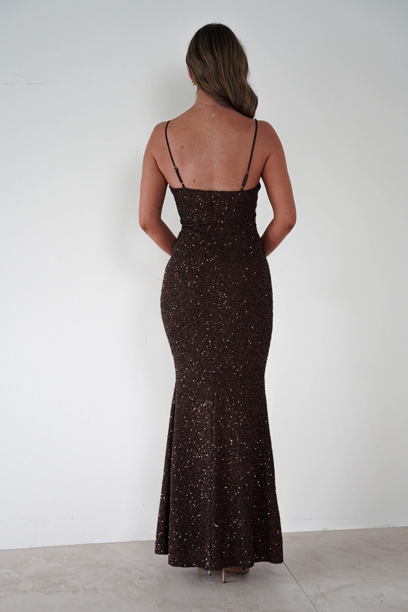 Maria Sequin Bodycon Maxi Gown | Brown | Oh Hello Clothing | S (8)