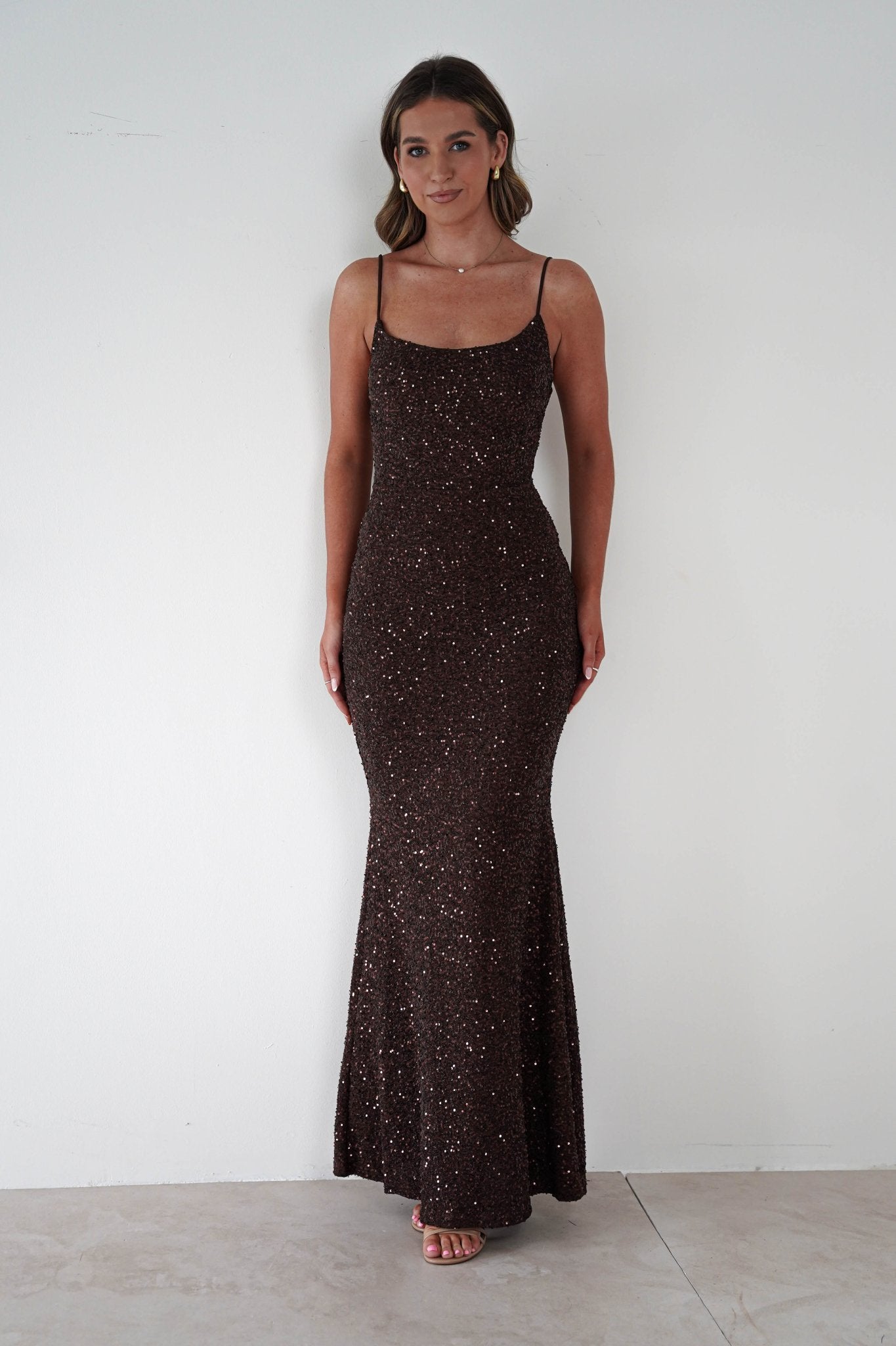 Maria Sequin Bodycon Maxi Gown | Brown | Oh Hello Clothing | S (8)