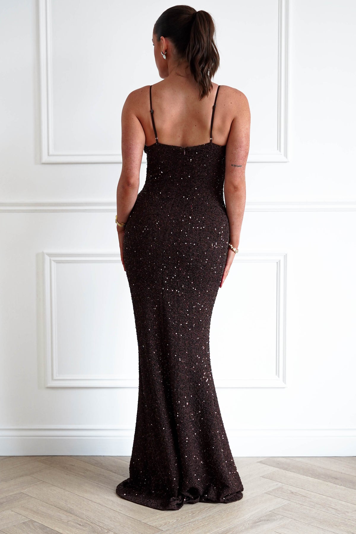 Oh Hello Clothing Women > Clothing > Dresses Maria Sequin Bodycon Maxi Gown | Brown
