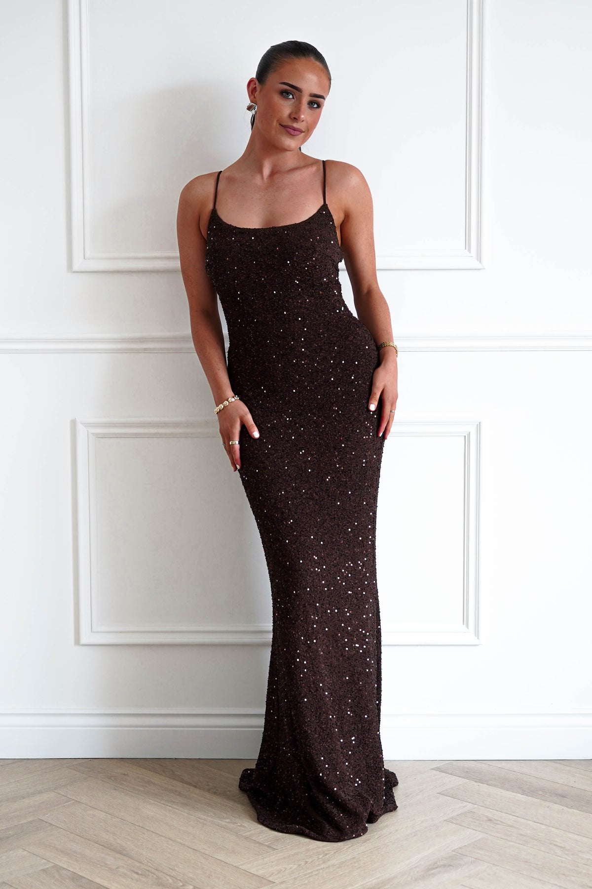 Oh Hello Clothing Women > Clothing > Dresses Maria Sequin Bodycon Maxi Gown | Brown