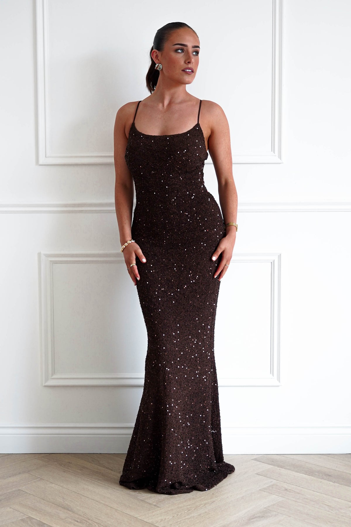 Oh Hello Clothing Women > Clothing > Dresses Maria Sequin Bodycon Maxi Gown | Brown