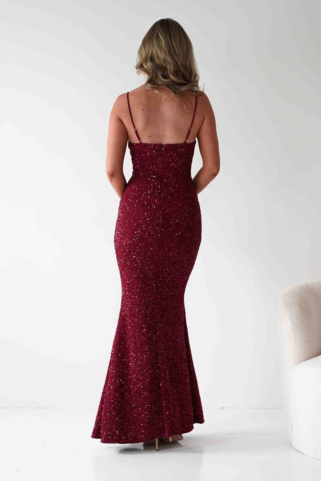 Maria Sequin Bodycon Maxi Gown | Dark Red | Oh Hello Clothing | S (8)