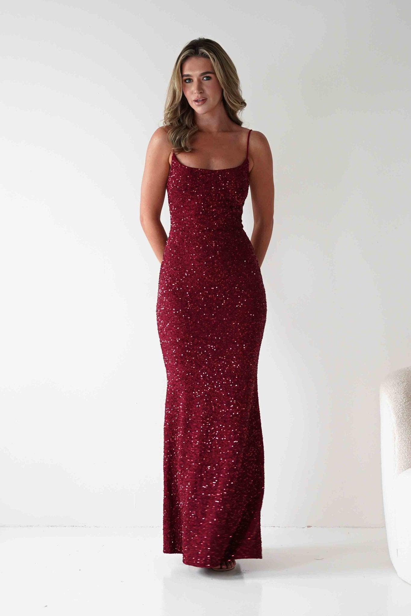 Maria Sequin Bodycon Maxi Gown | Dark Red | Oh Hello Clothing | S (8)