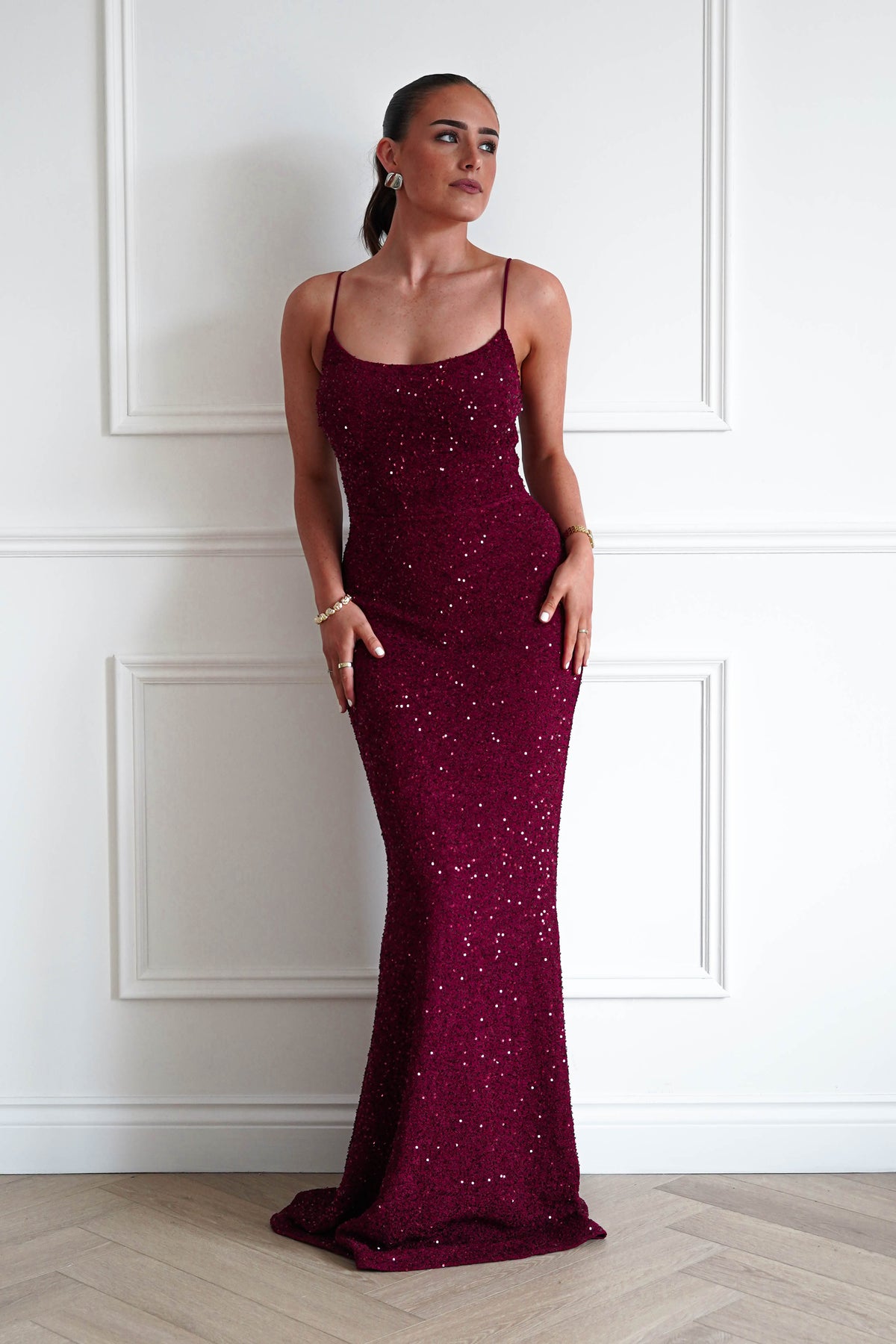 Oh Hello Clothing Dresses > Prom Dresses Maria Sequin Bodycon Maxi Gown | Dark Red