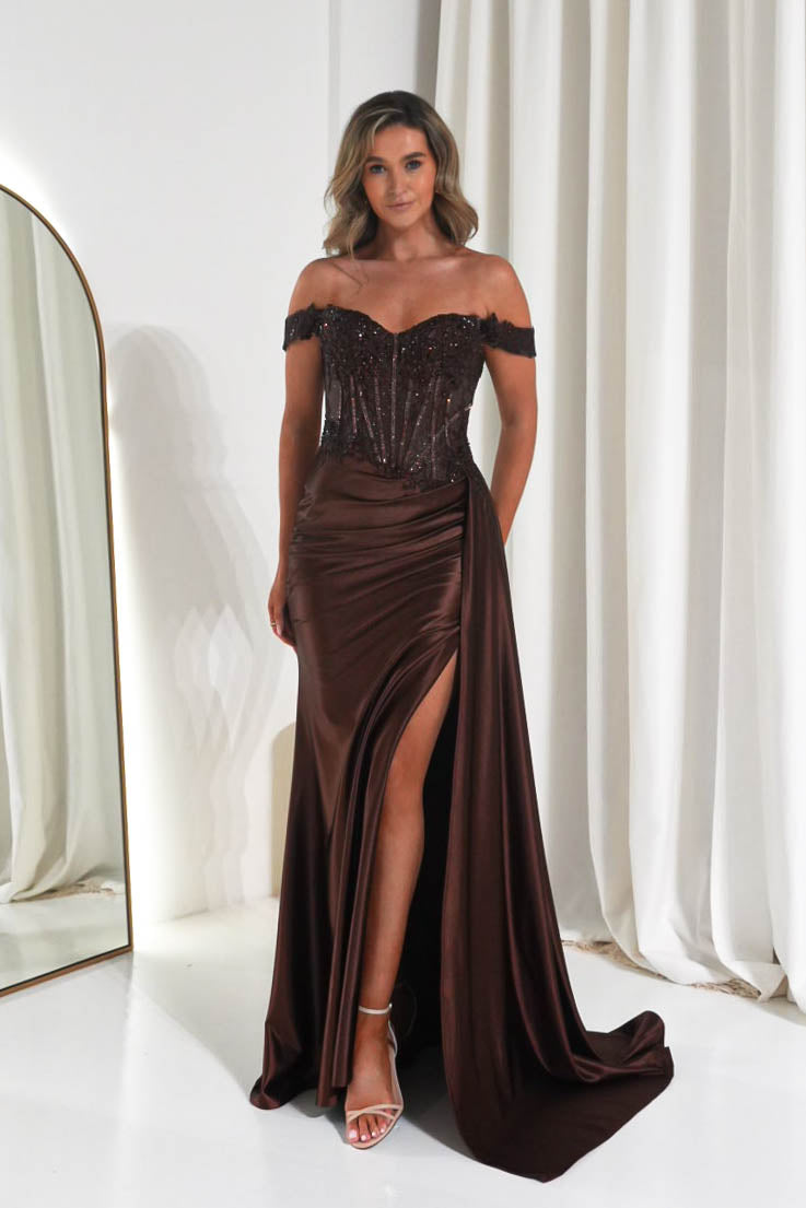 Oh Hello Clothing Women > Clothing > Dresses Marsela Lace Bodice Gown | Espresso Brown
