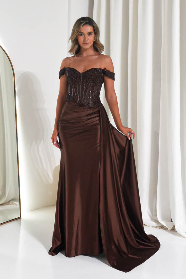 Oh Hello Clothing Women > Clothing > Dresses Marsela Lace Bodice Gown | Espresso Brown