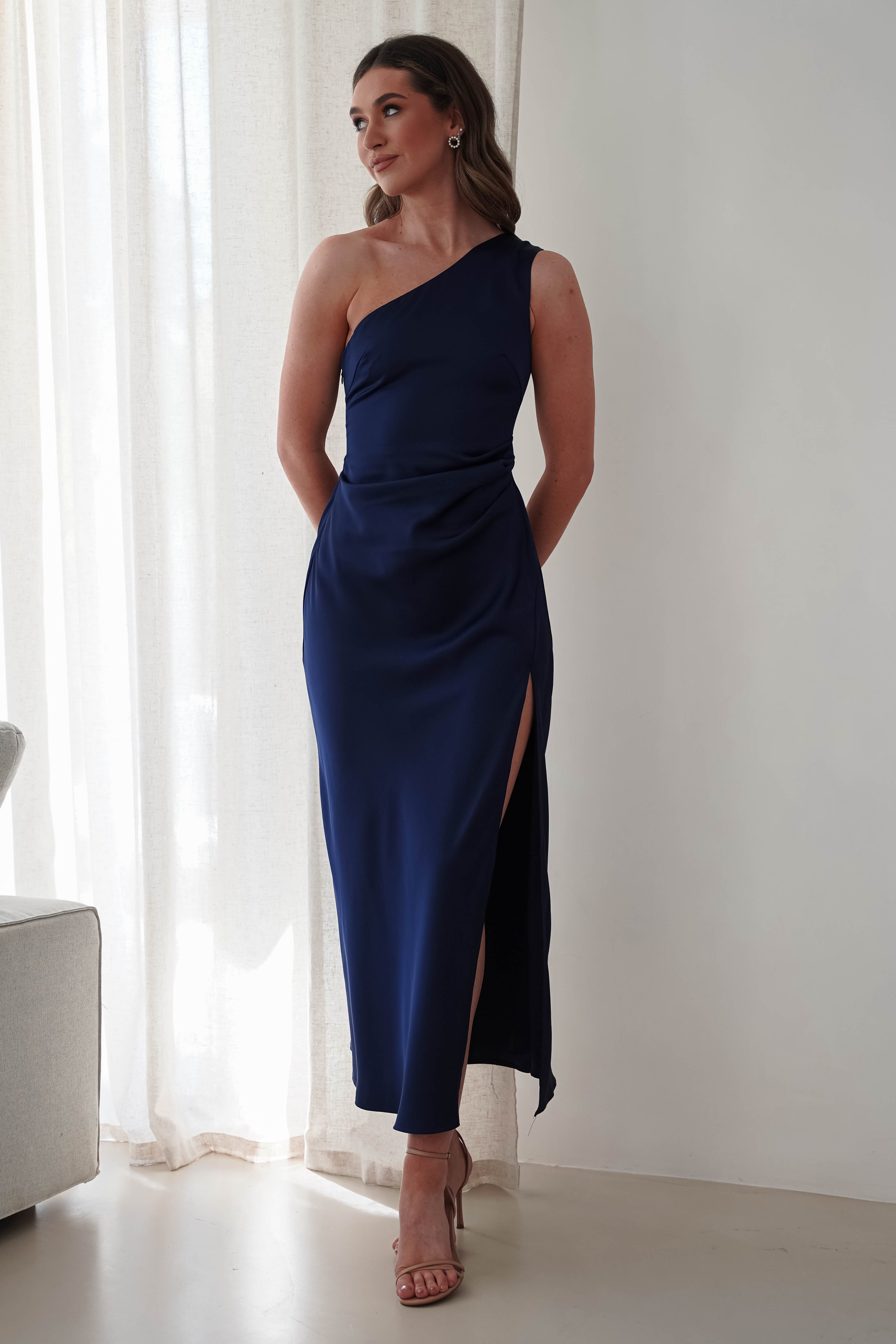 Meera Soft Matte Satin Midaxi Dress | Navy - Oh Hello Clothing