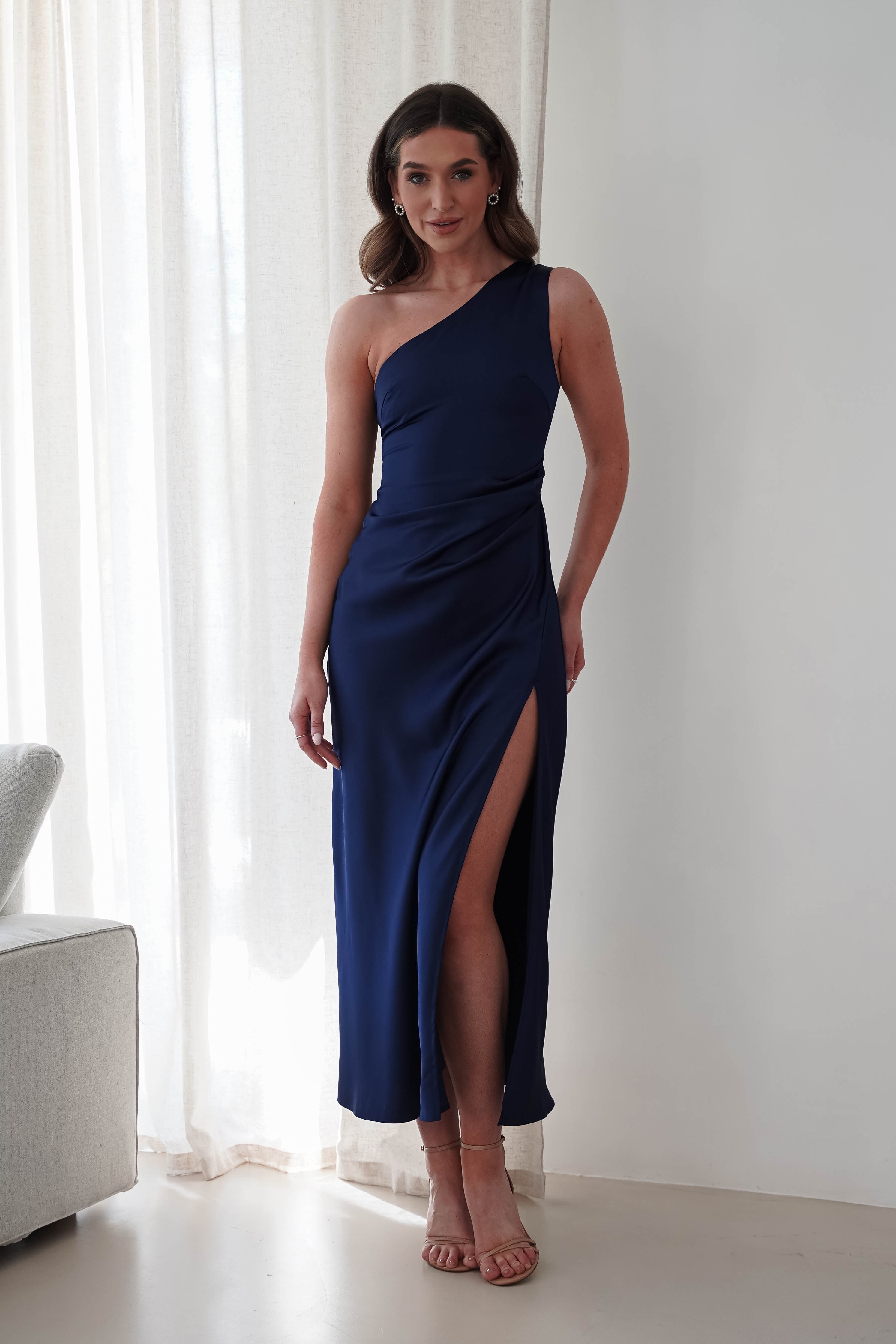 Meera Soft Matte Satin Midaxi Dress | Navy - Oh Hello Clothing
