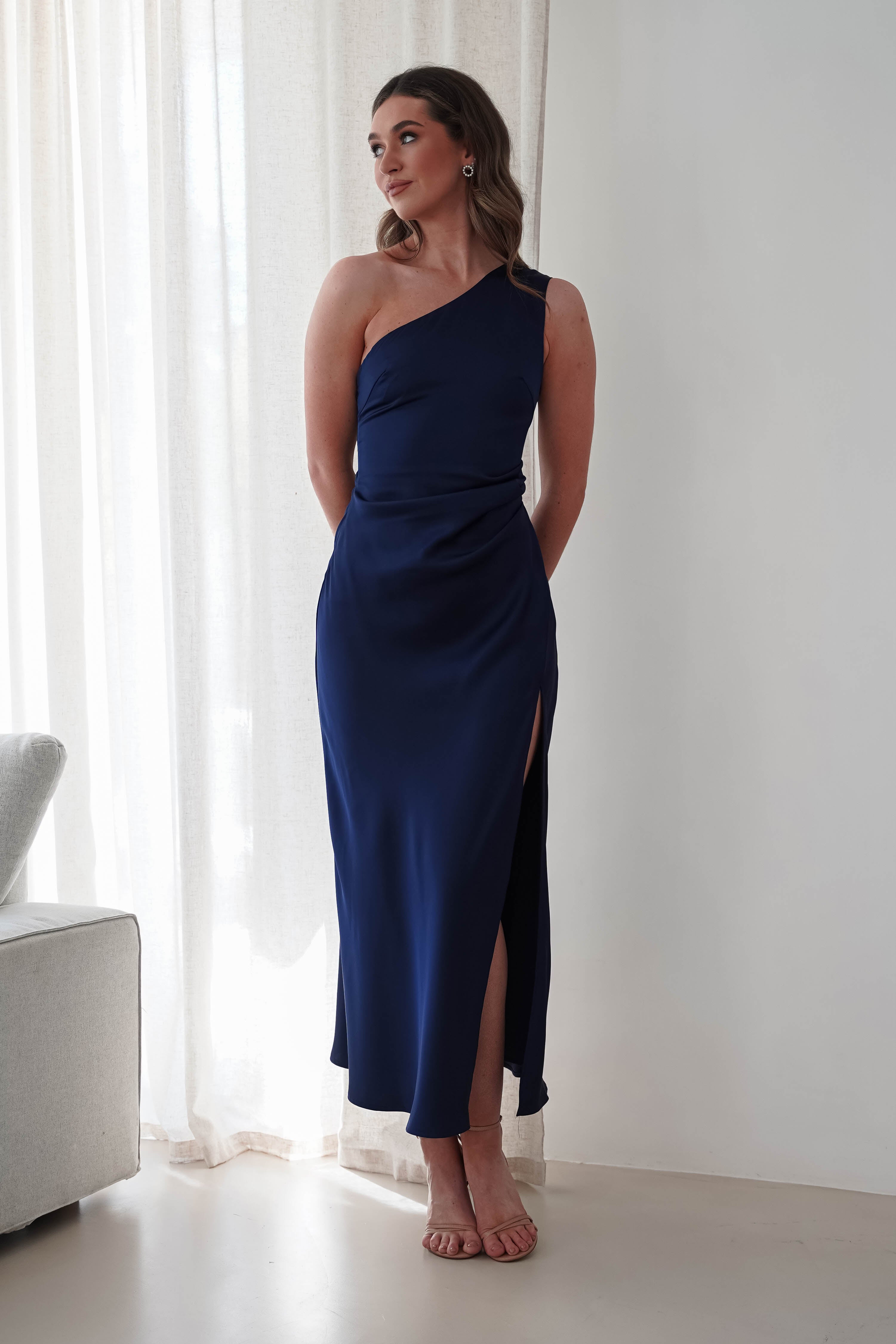 Meera Soft Matte Satin Midaxi Dress | Navy - Oh Hello Clothing