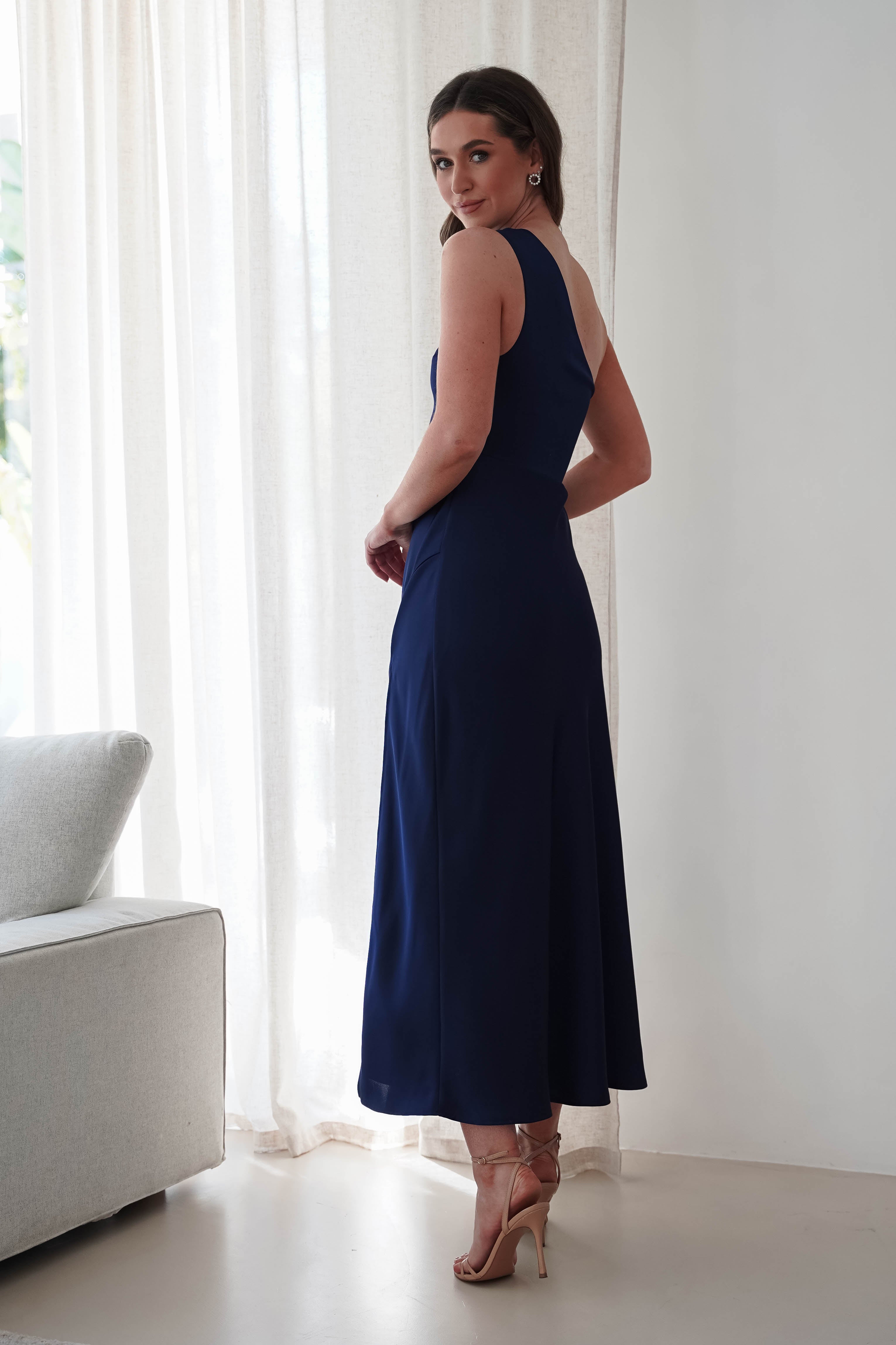 Meera Soft Matte Satin Midaxi Dress | Navy - Oh Hello Clothing
