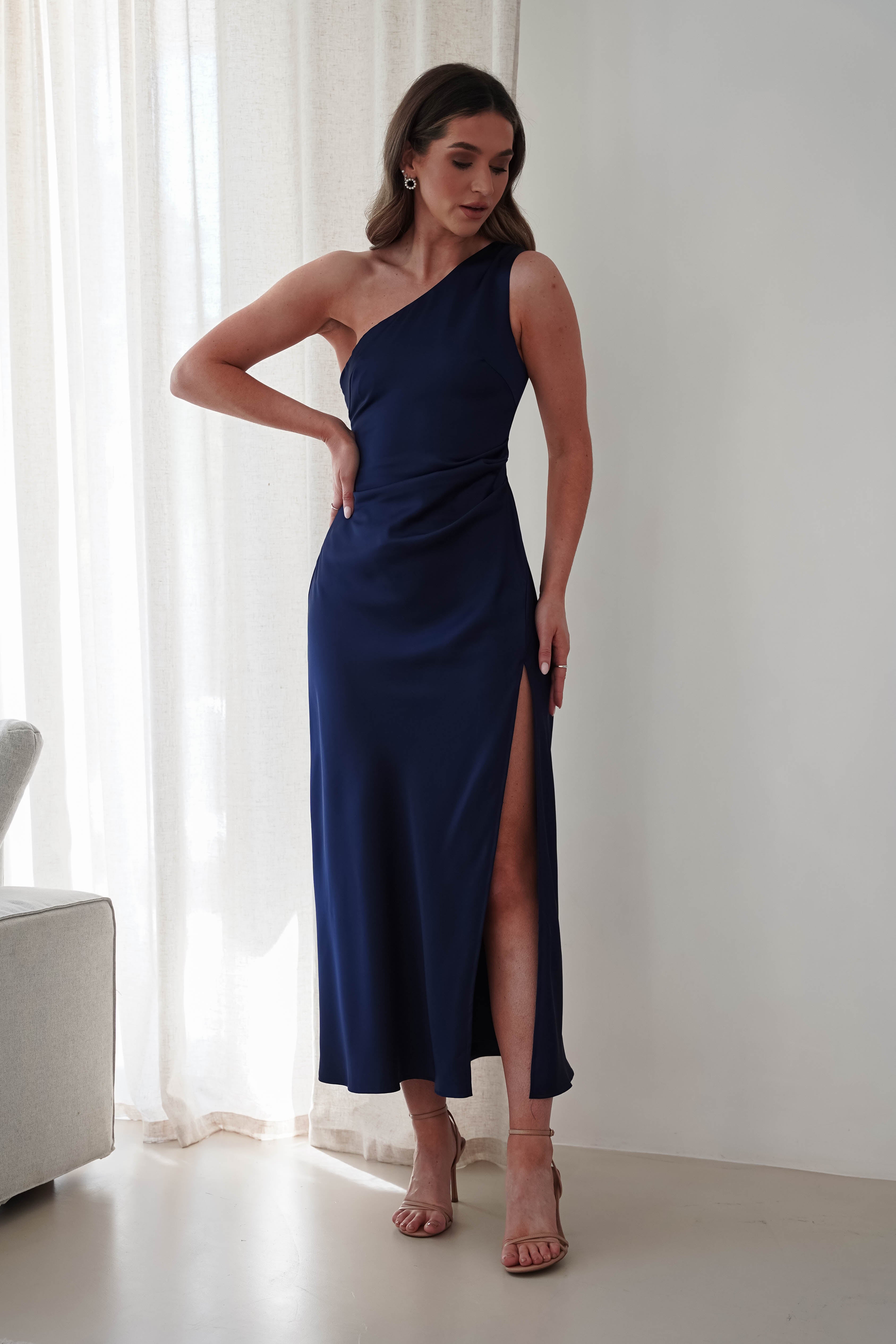 Meera Soft Matte Satin Midaxi Dress | Navy - Oh Hello Clothing