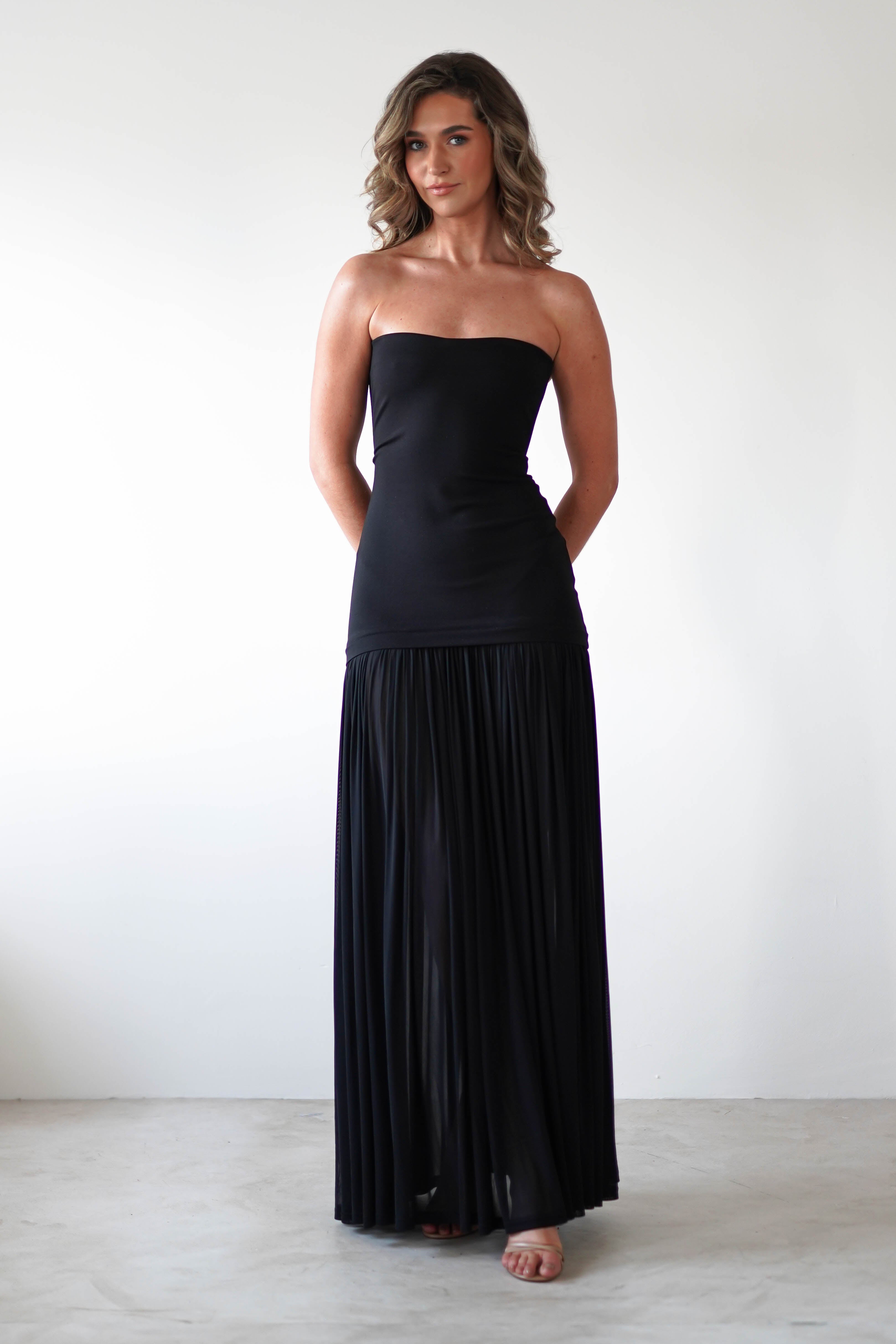 Mel Strapless Chiffon Skirt Maxi Dress | Black | Oh Hello Clothing | S (8)