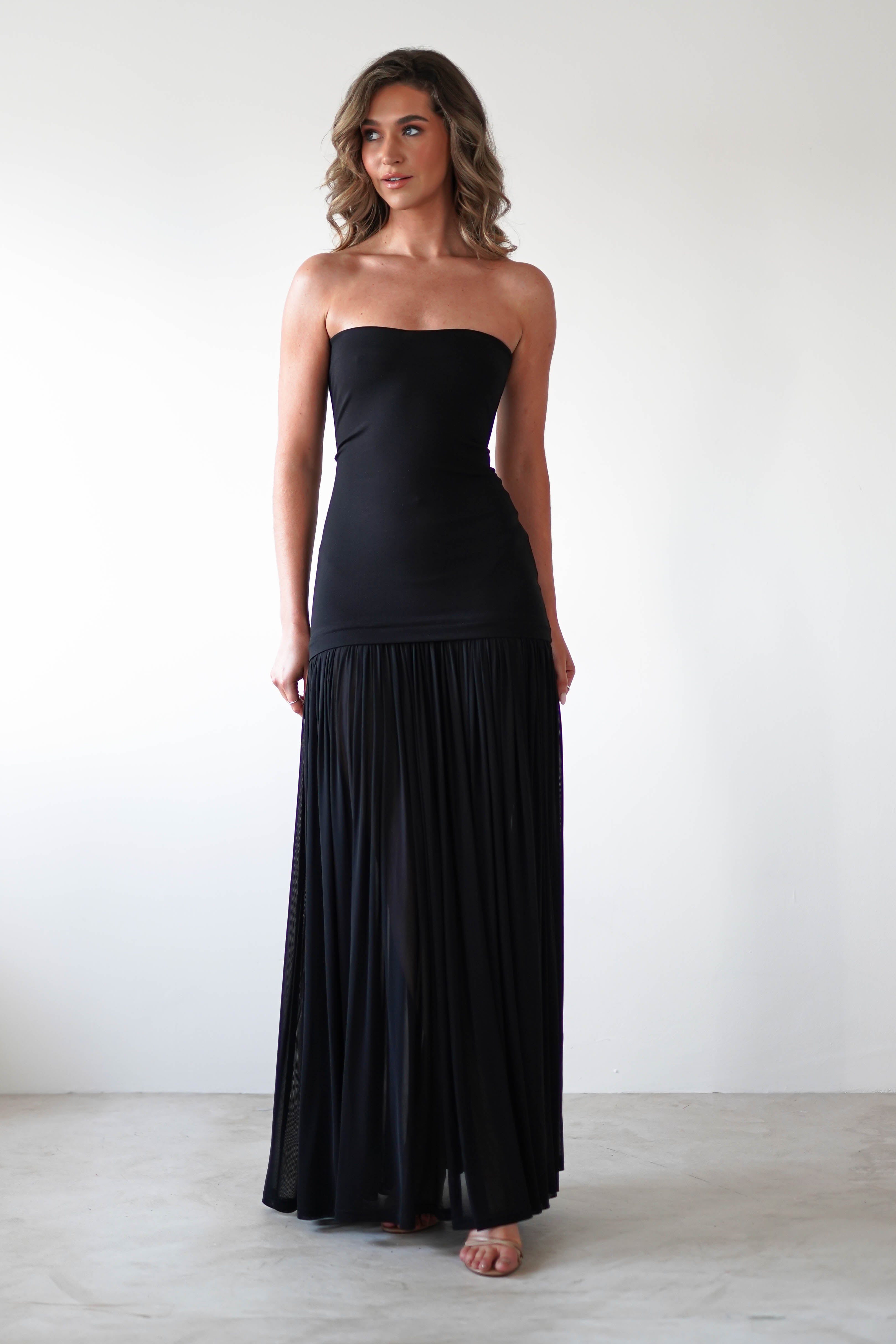Mel Strapless Chiffon Skirt Maxi Dress | Black | Oh Hello Clothing | S (8)