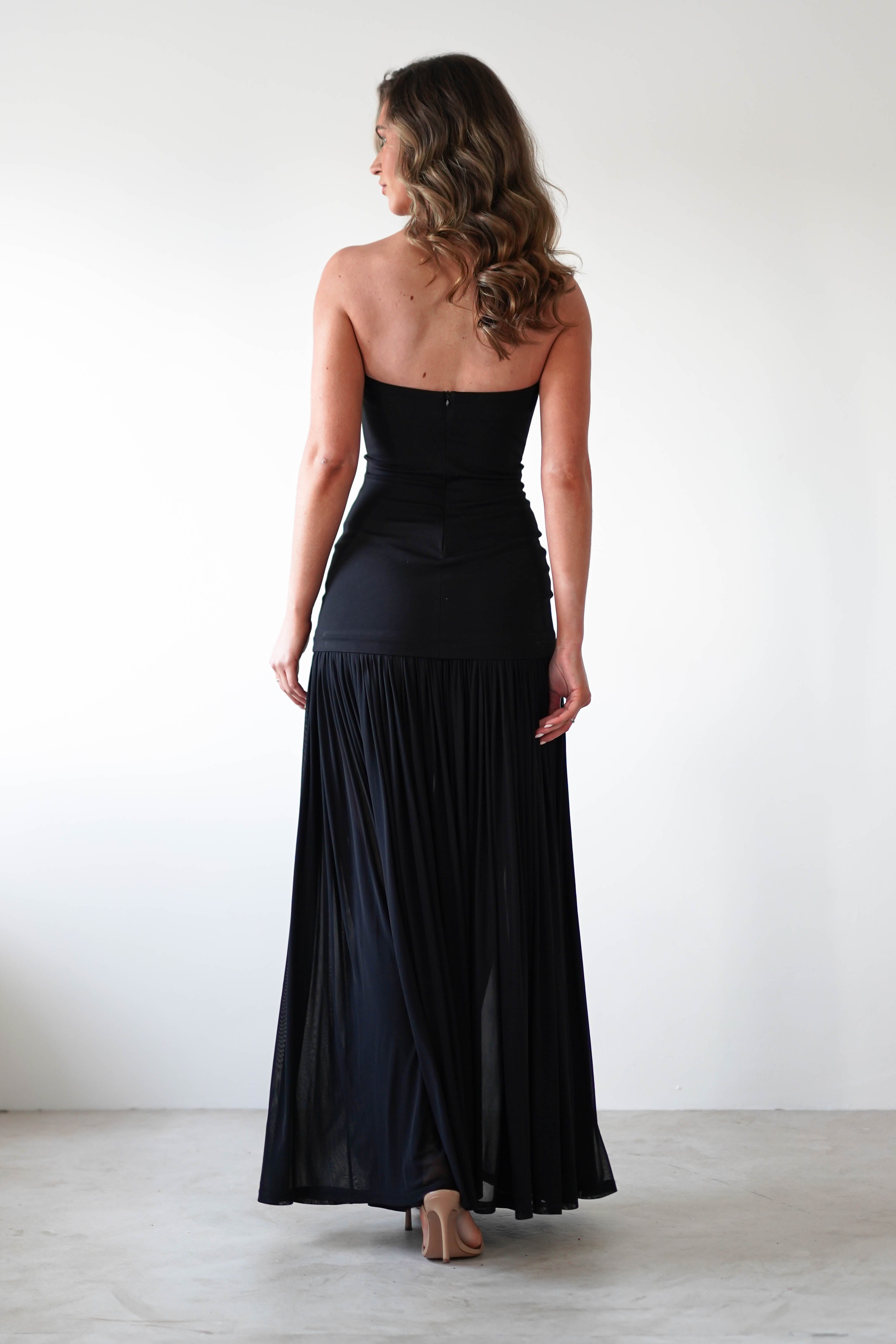 Mel Strapless Chiffon Skirt Maxi Dress | Black | Oh Hello Clothing | S (8)