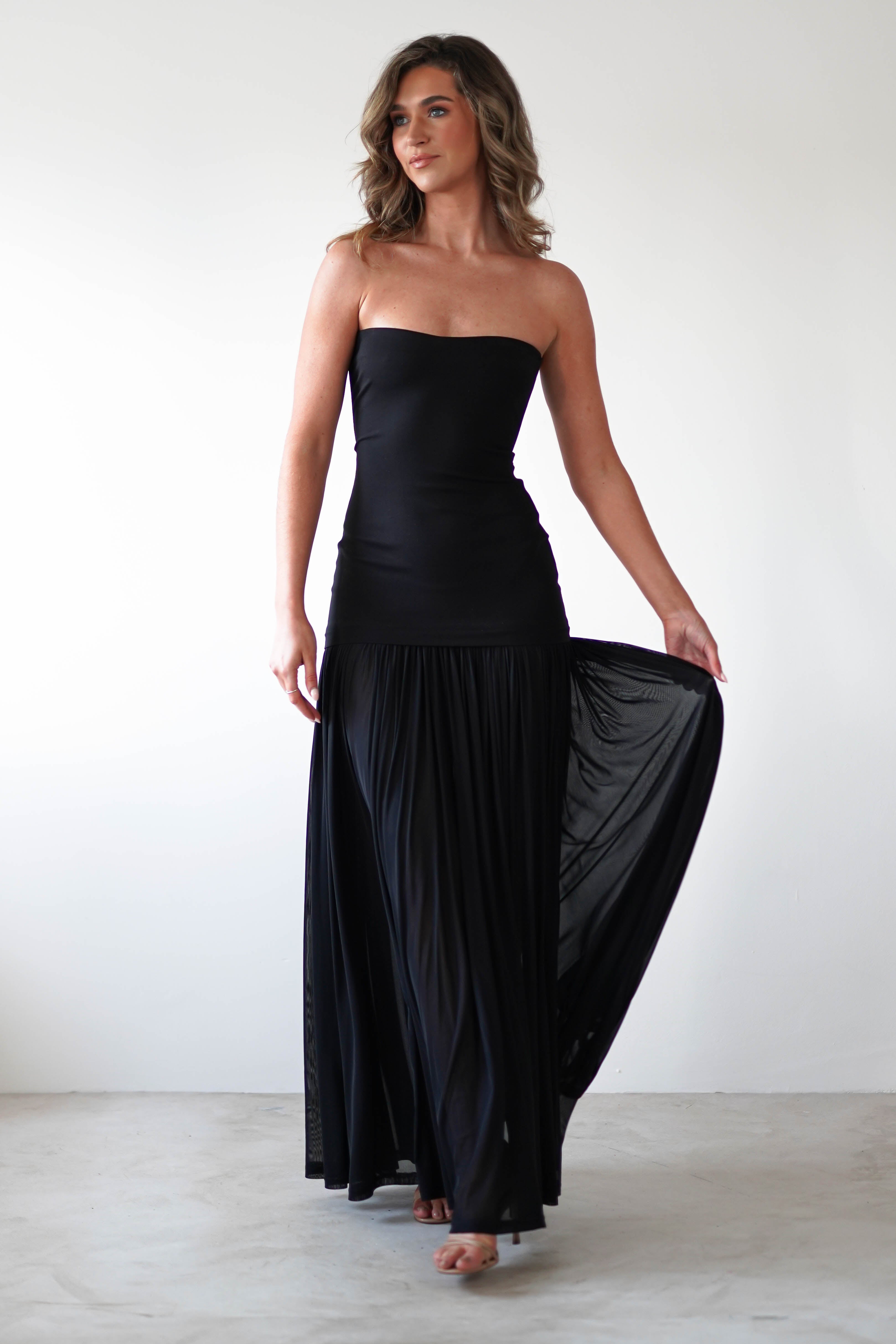 Mel Strapless Chiffon Skirt Maxi Dress | Black | Oh Hello Clothing | S (8)