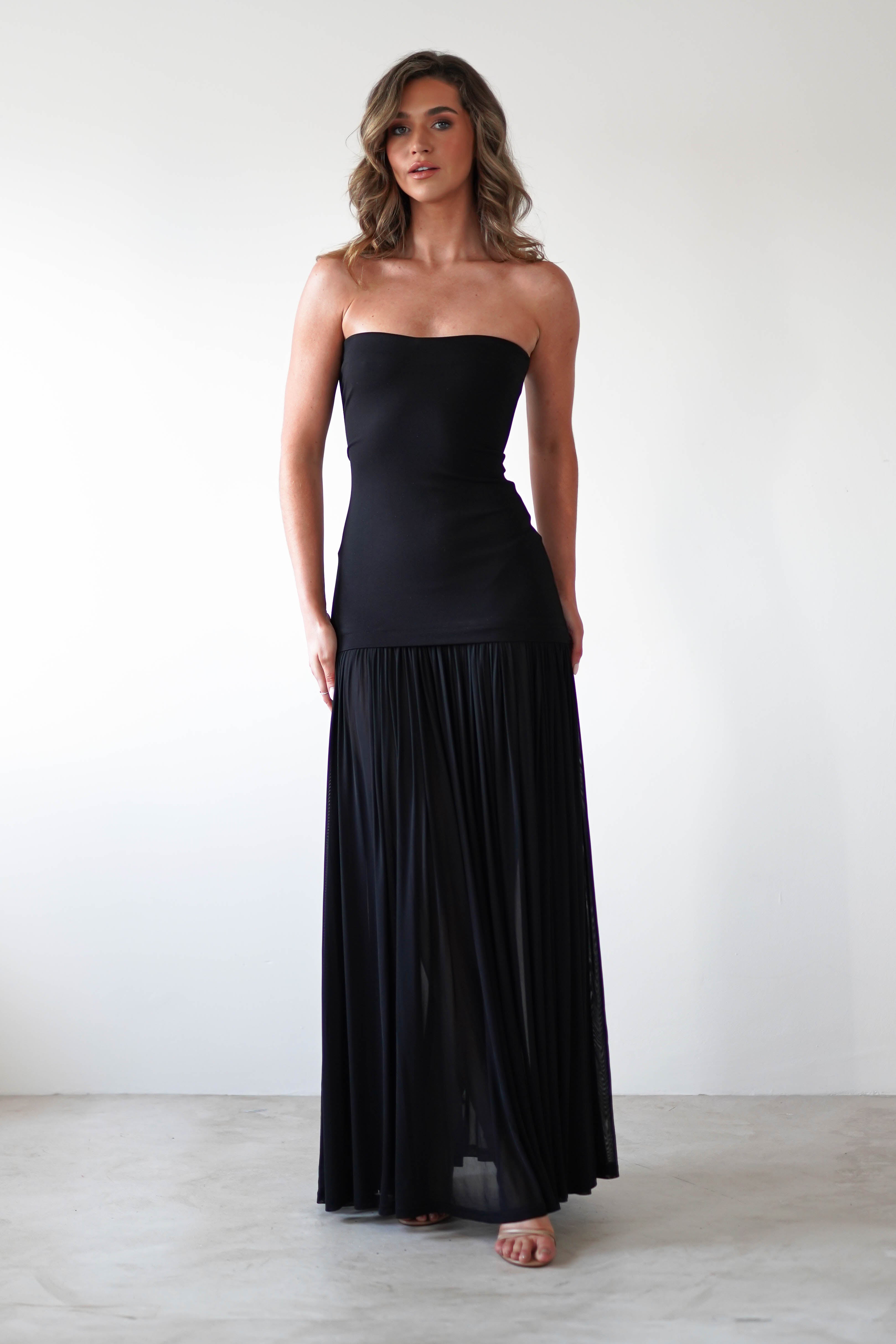 Mel Strapless Chiffon Skirt Maxi Dress | Black | Oh Hello Clothing | S (8)