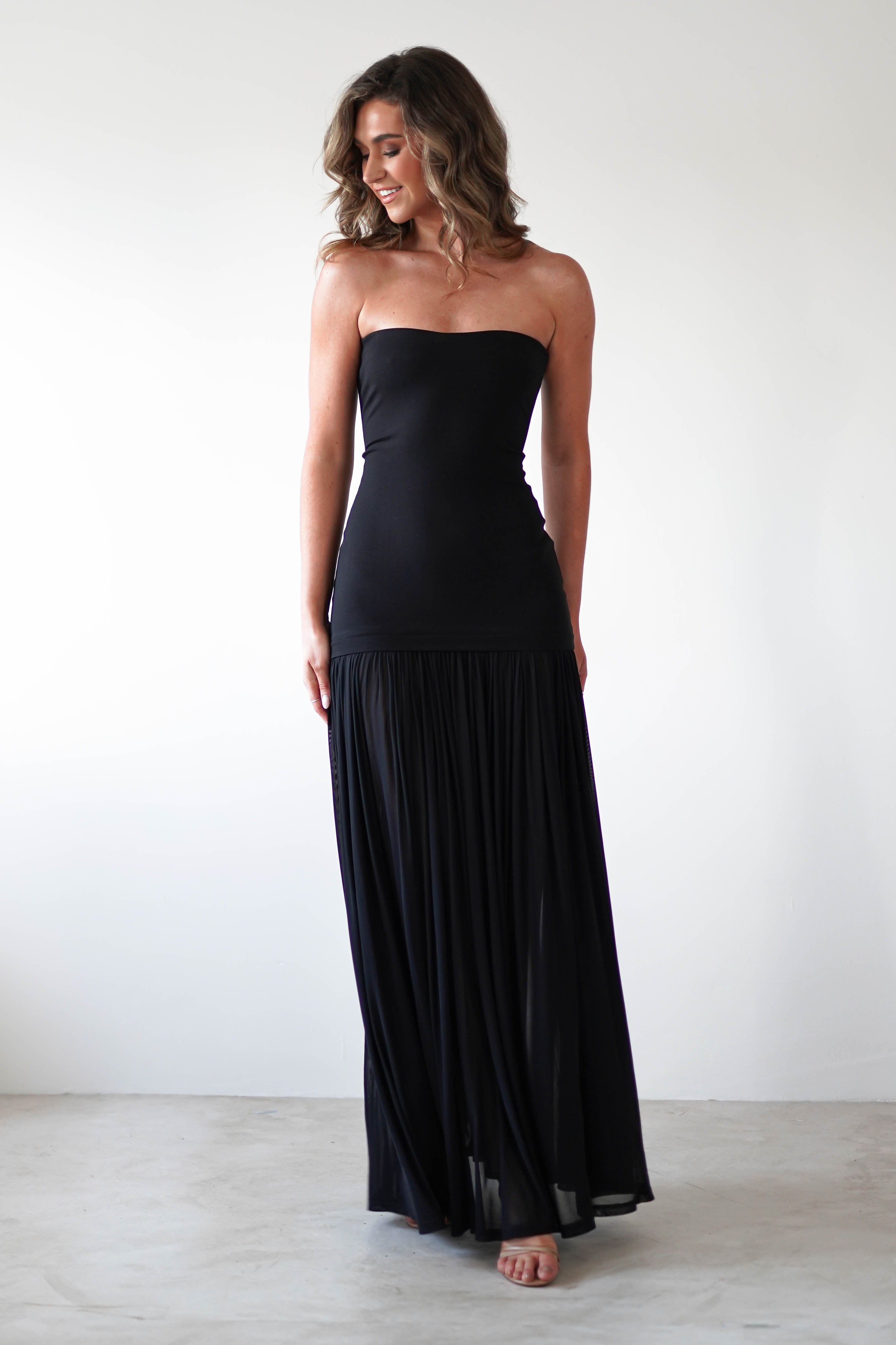 Mel Strapless Chiffon Skirt Maxi Dress | Black | Oh Hello Clothing | S (8)