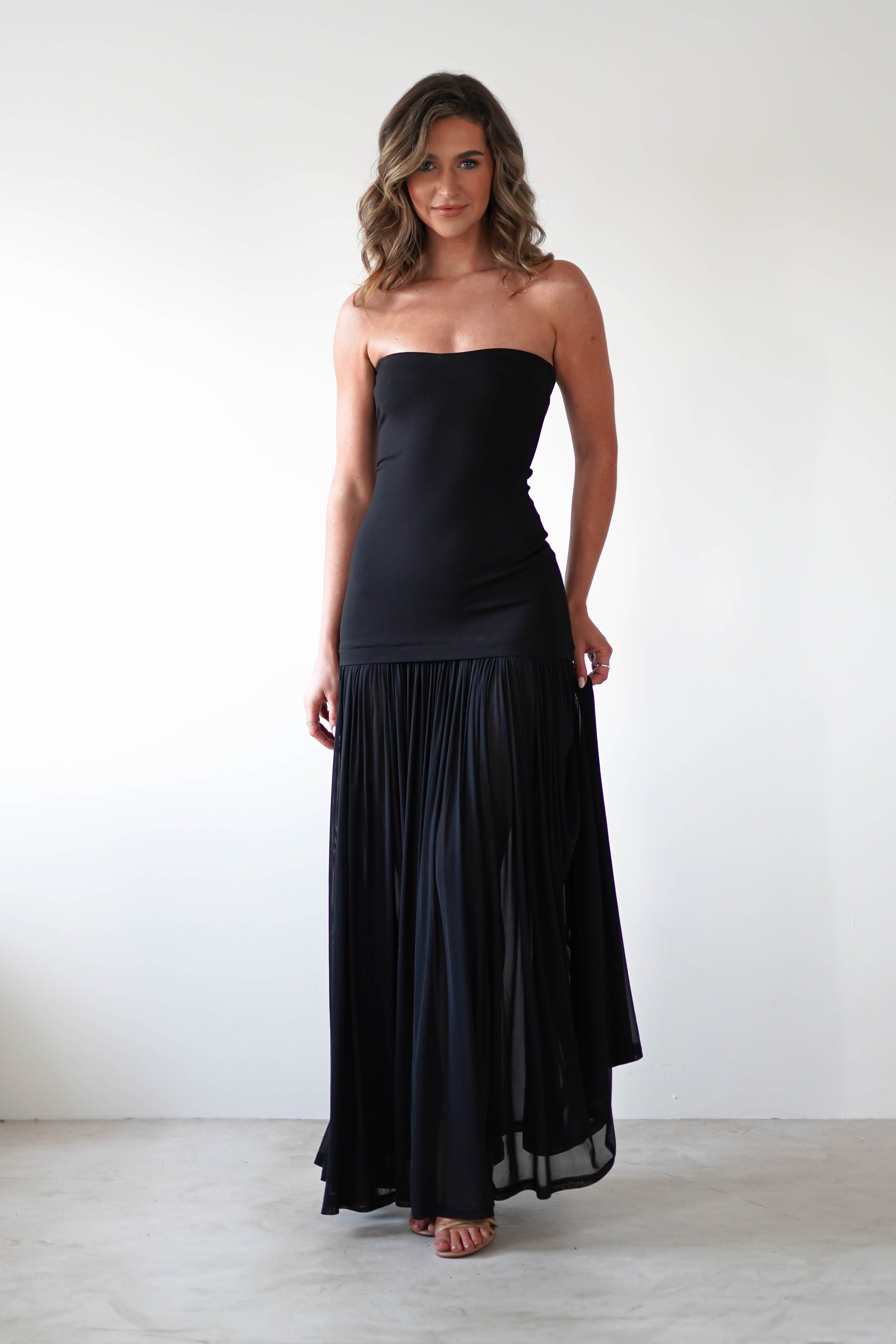 Mel Strapless Chiffon Skirt Maxi Dress | Black | Oh Hello Clothing | S (8)