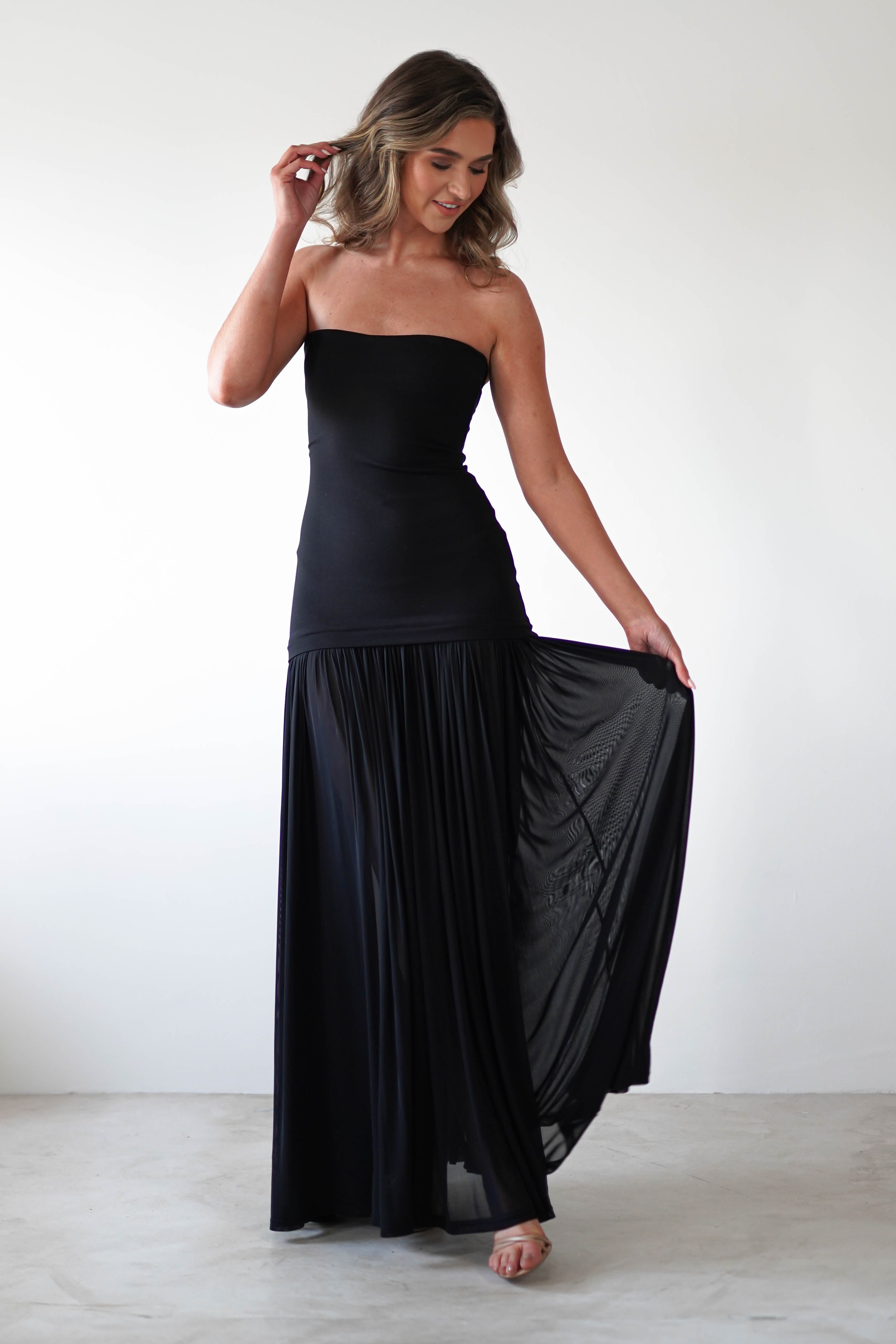 Mel Strapless Chiffon Skirt Maxi Dress | Black | Oh Hello Clothing | S (8)