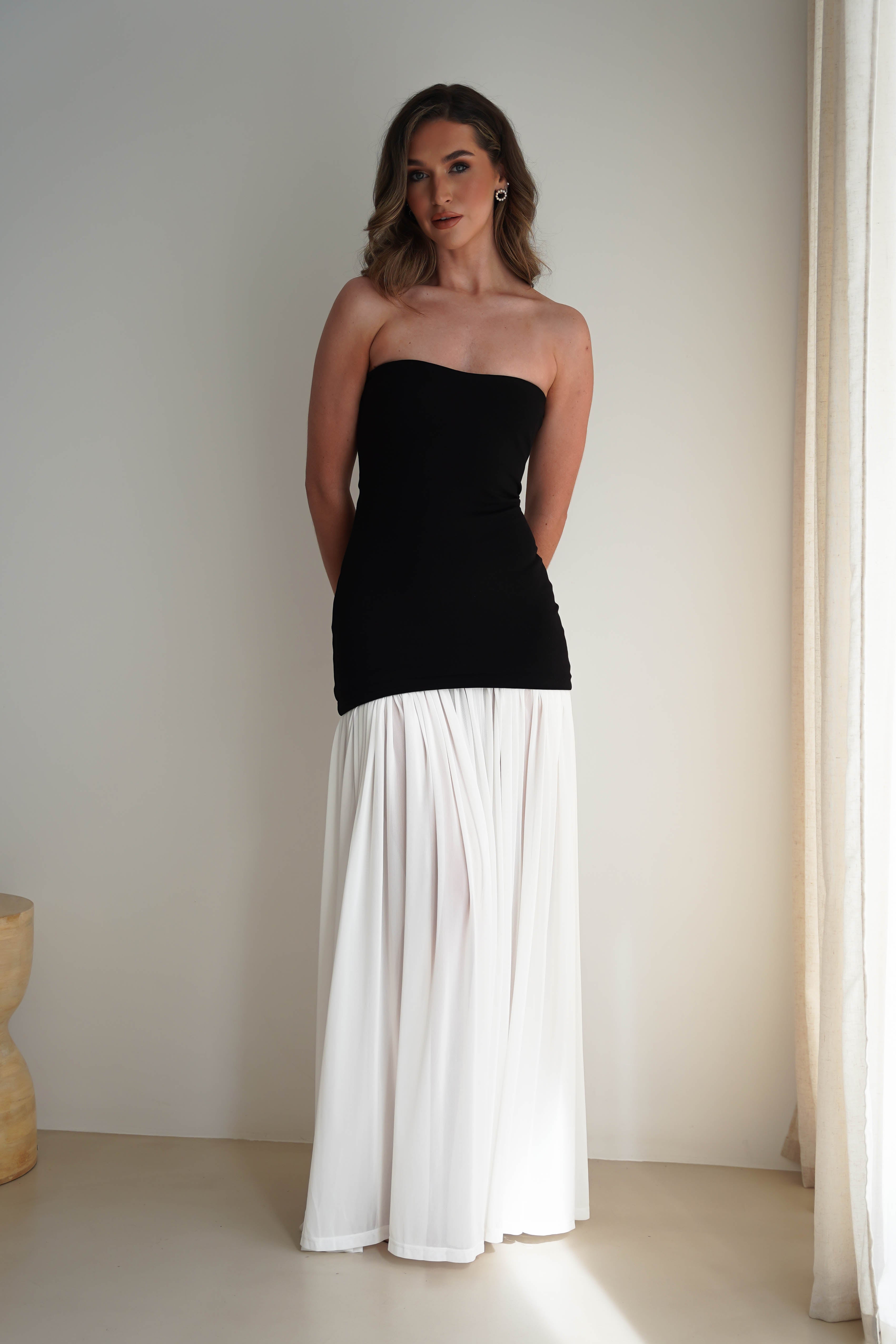 Mel Strapless Chiffon Skirt Maxi Dress | Black/White - Oh Hello Clothing