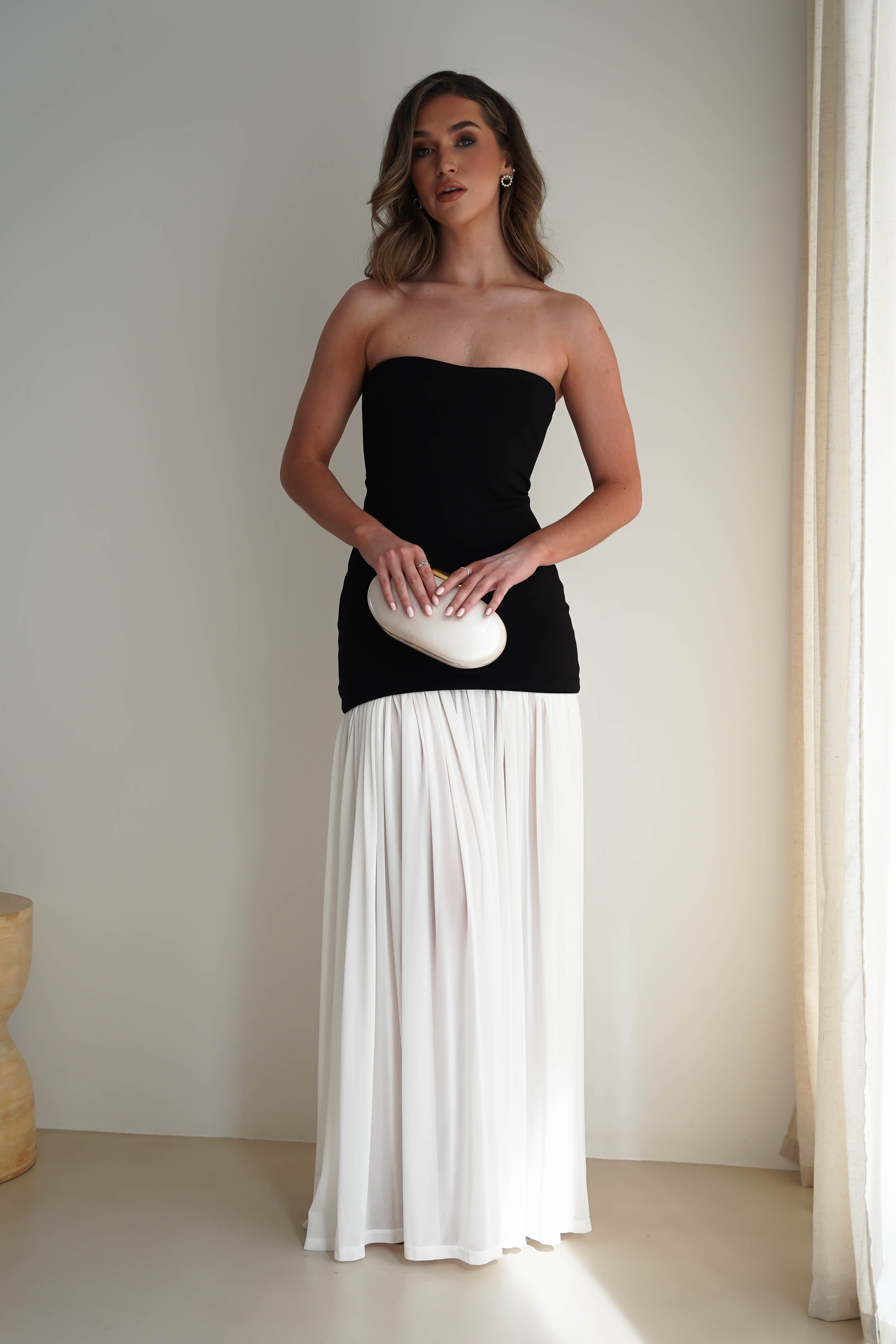 Mel Strapless Chiffon Skirt Maxi Dress | Black/White - Oh Hello Clothing