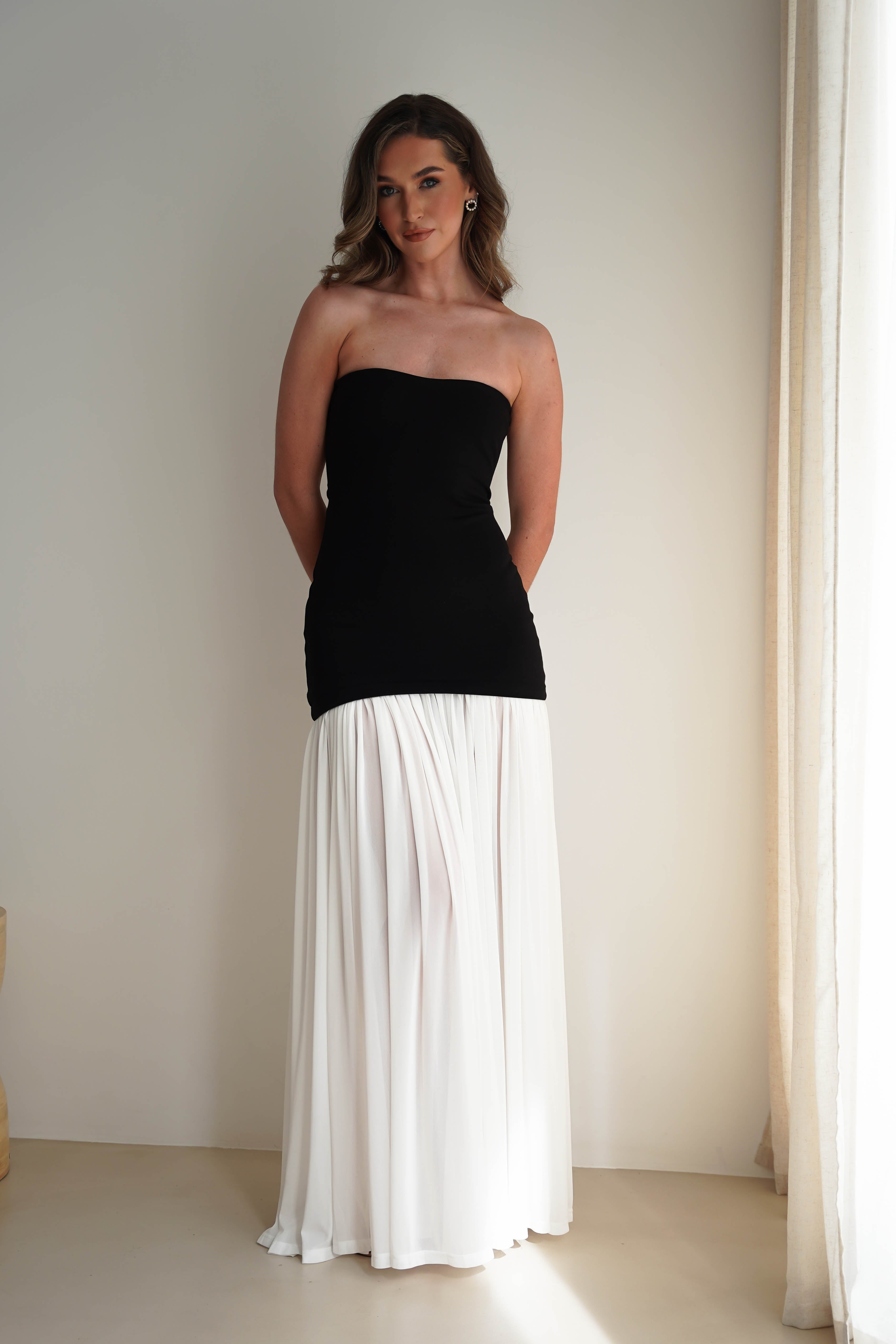 Mel Strapless Chiffon Skirt Maxi Dress | Black/White - Oh Hello Clothing