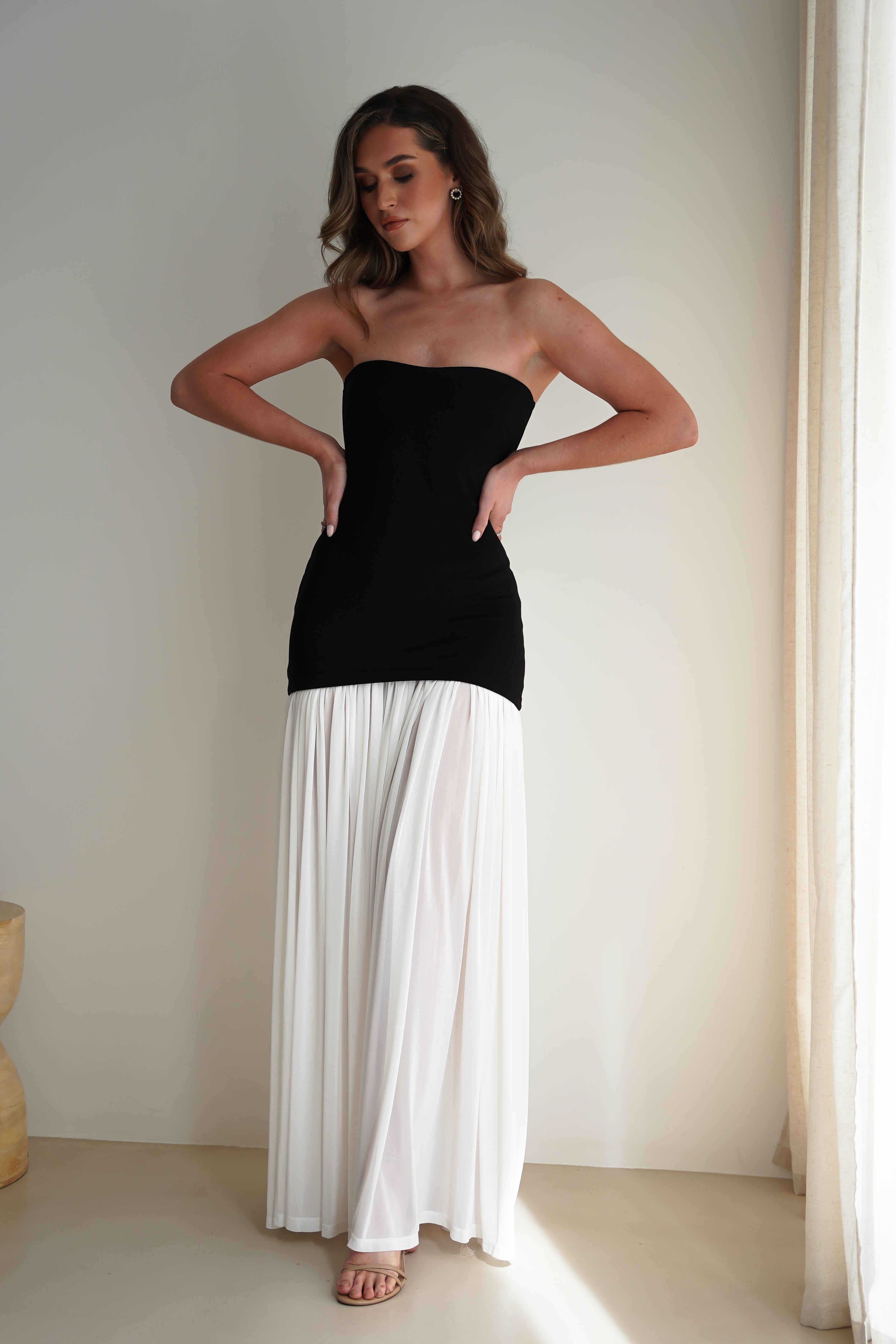 Mel Strapless Chiffon Skirt Maxi Dress | Black/White - Oh Hello Clothing