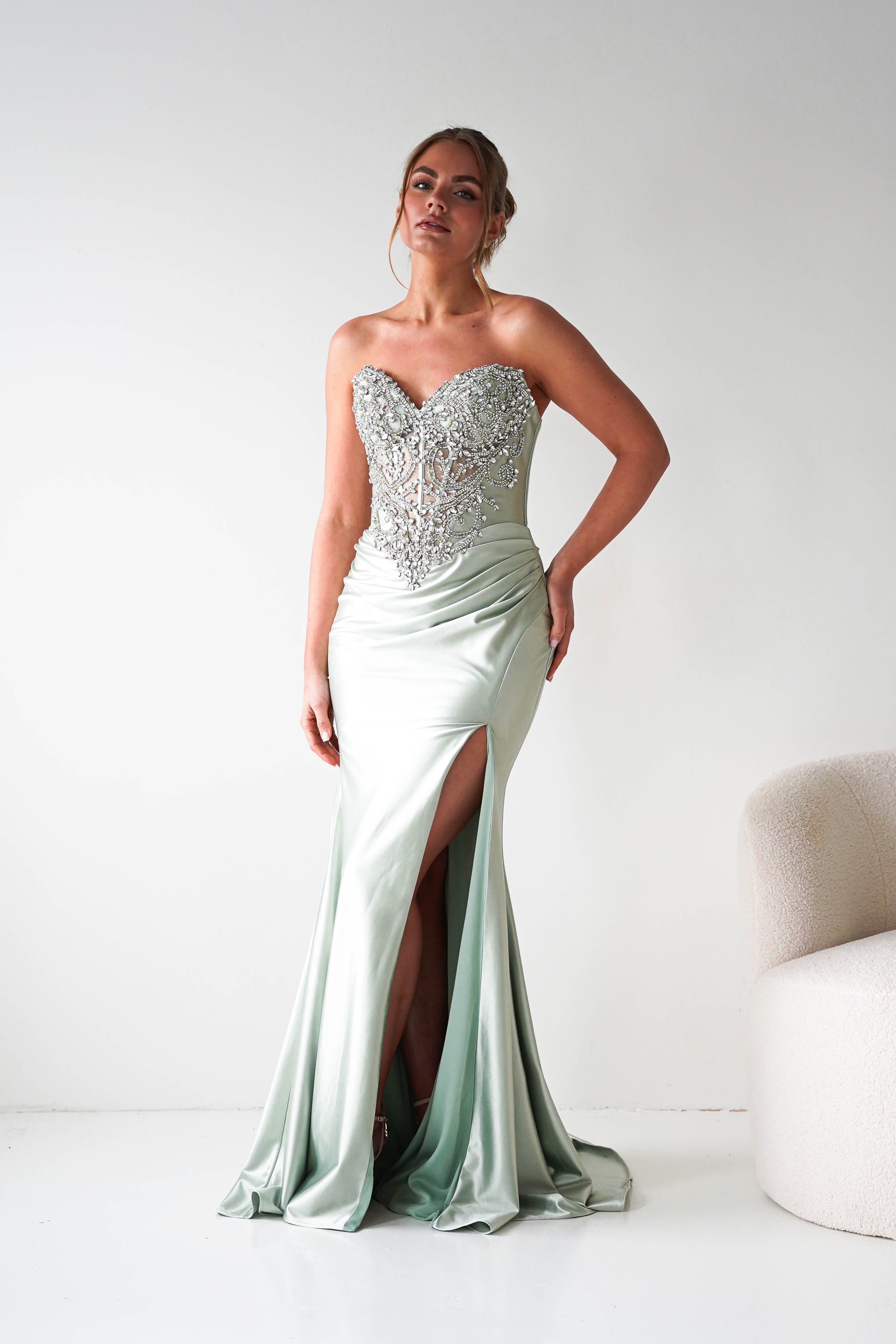 Oh Hello Clothing Women > Clothing > Dresses Melville Strapless Embellished Corset Gown | Sage