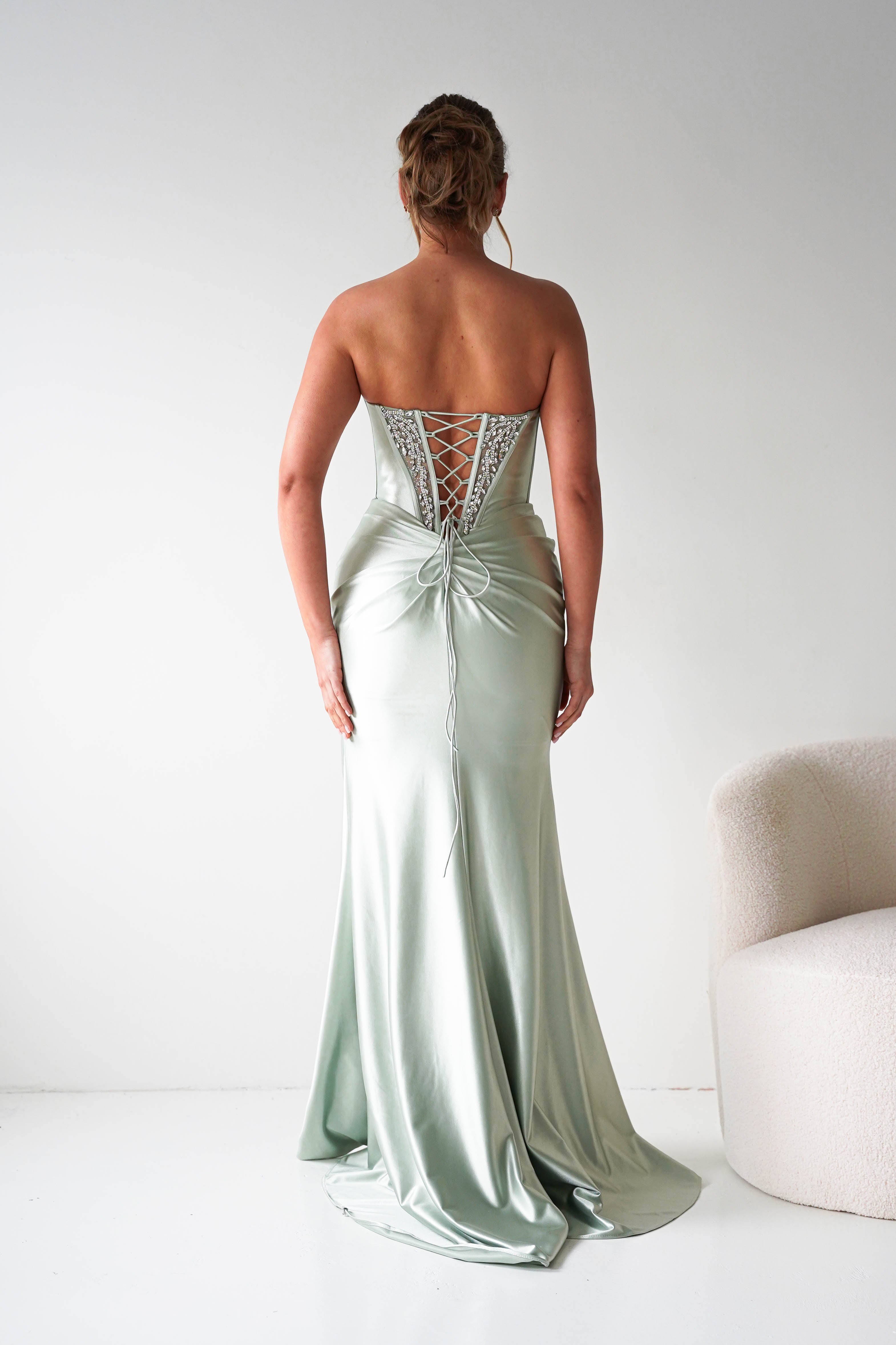 Oh Hello Clothing Women > Clothing > Dresses Melville Strapless Embellished Corset Gown | Sage
