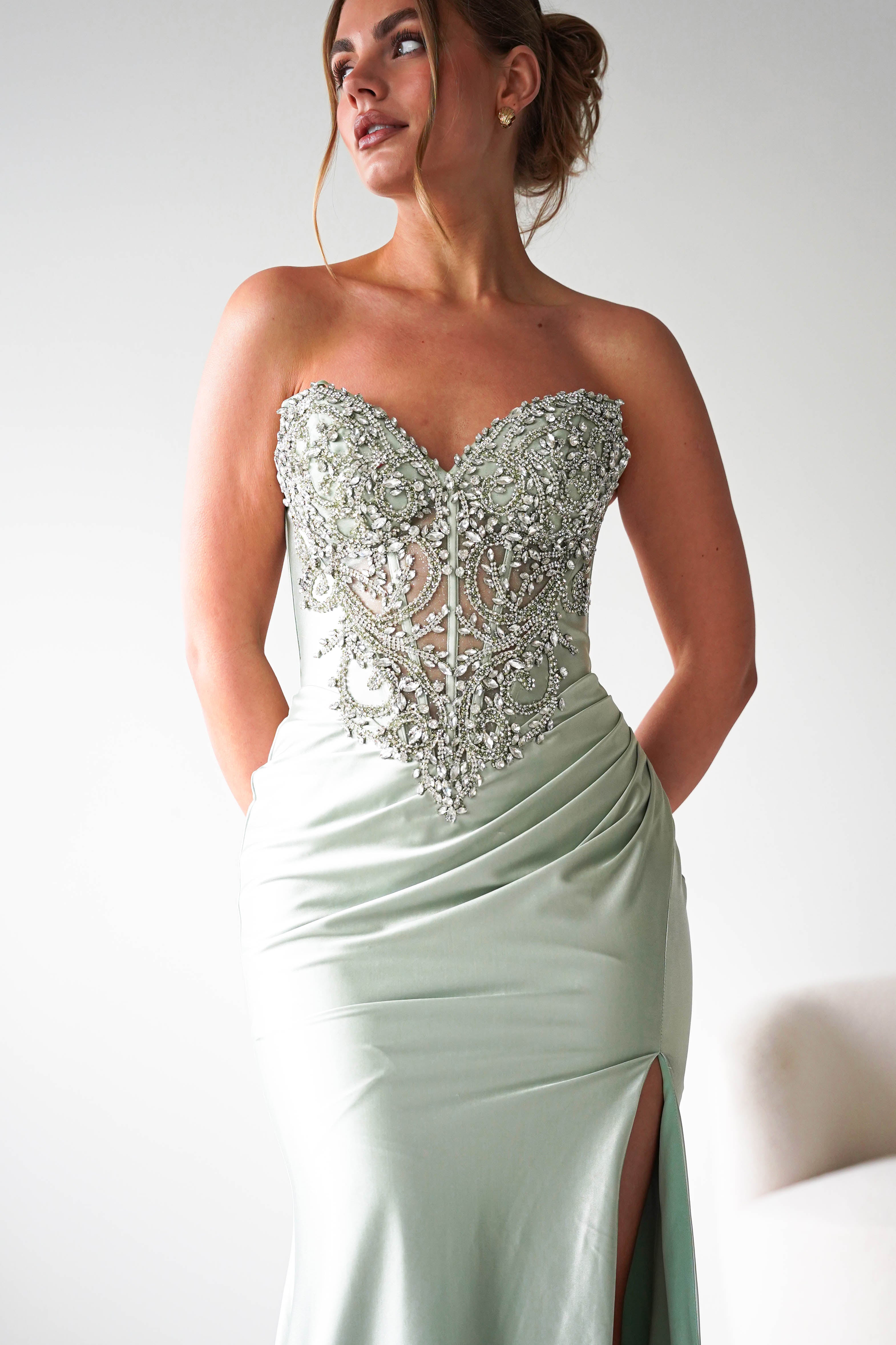 Oh Hello Clothing Women > Clothing > Dresses Melville Strapless Embellished Corset Gown | Sage
