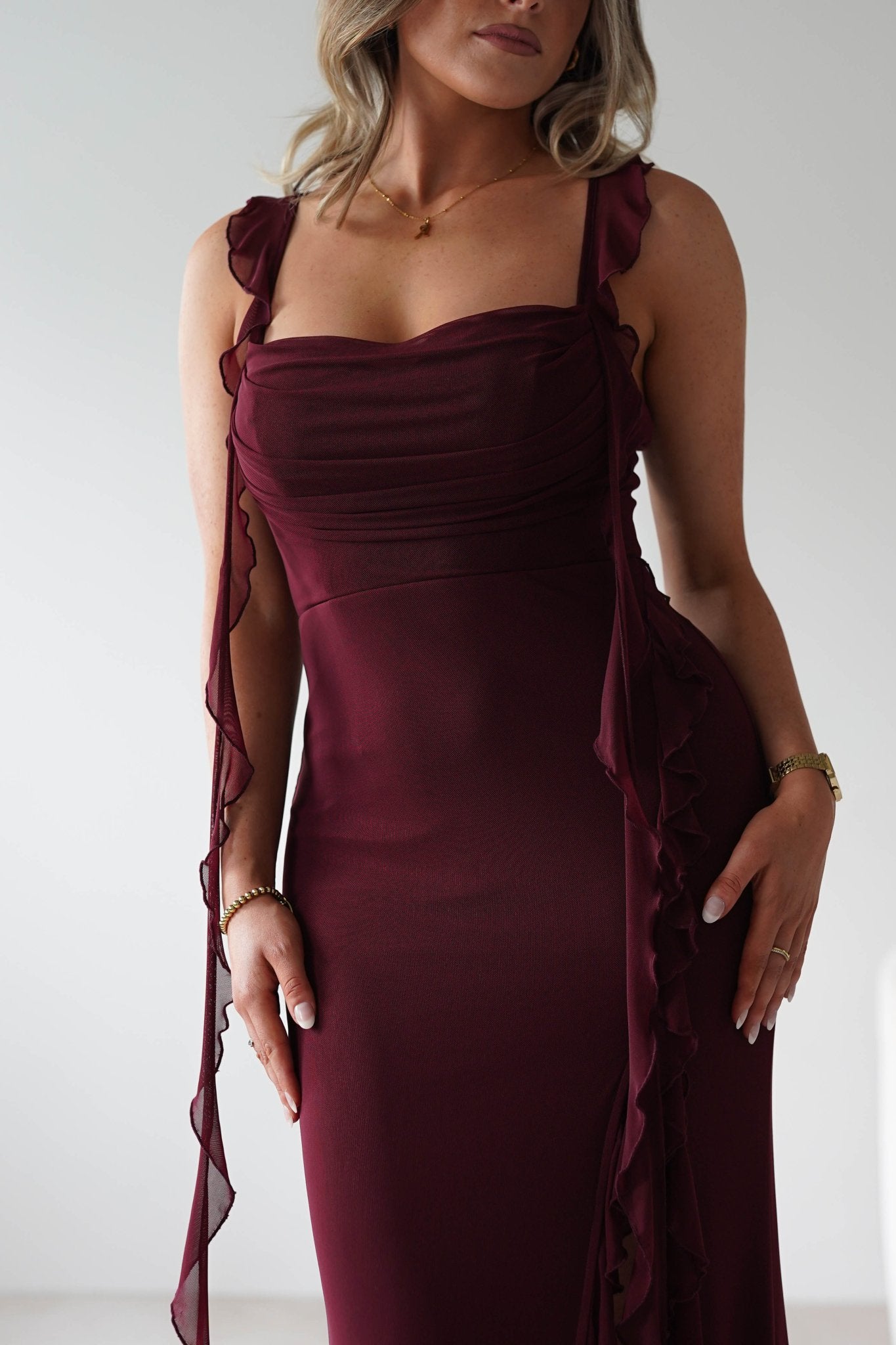 Mhissa Ruffle Maxi Dress | Burgundy | Oh Hello Clothing | XS (6)